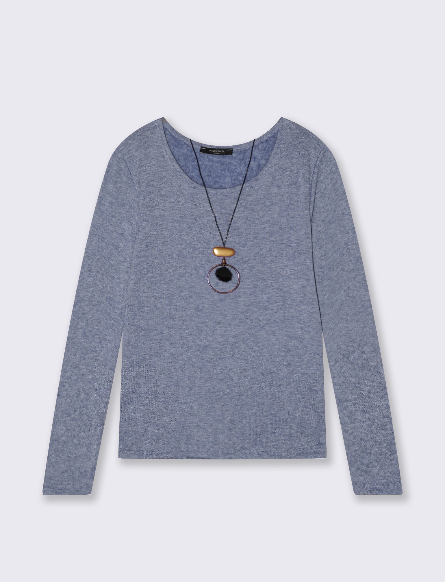 Tshirt manica lunga in tessuto pesante con collana - Denim