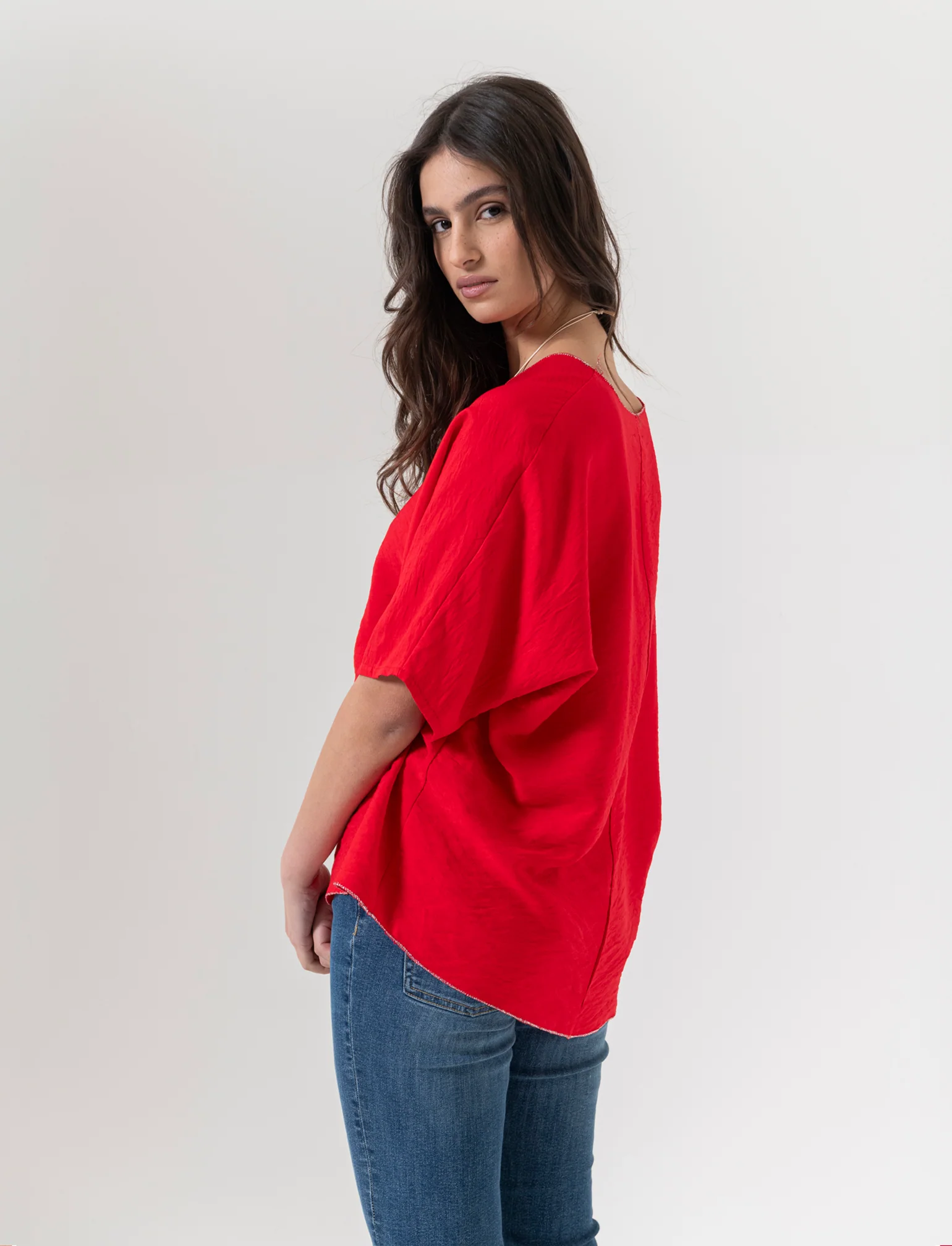 Tshirt over con dettaglio lurex - Rosso - Image 2
