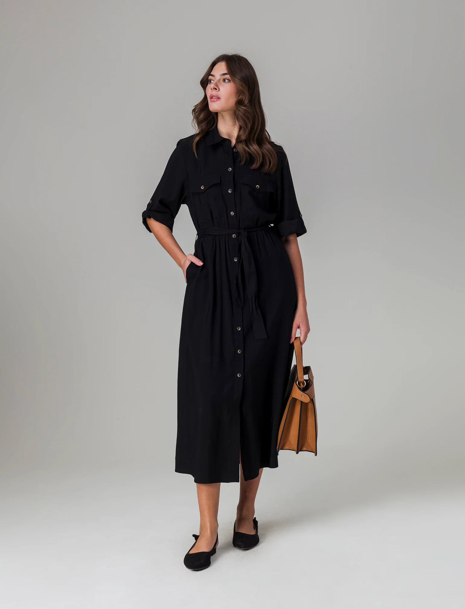 Vestito chemisier con cintura da donna - Nero - Image 3
