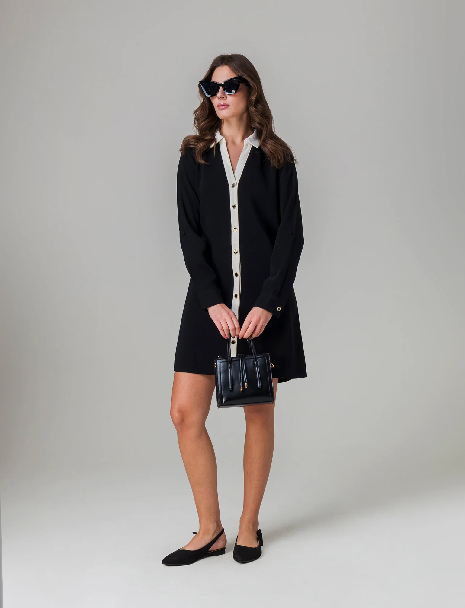 Vestito chemisier corto da donna - Nero - Image 3