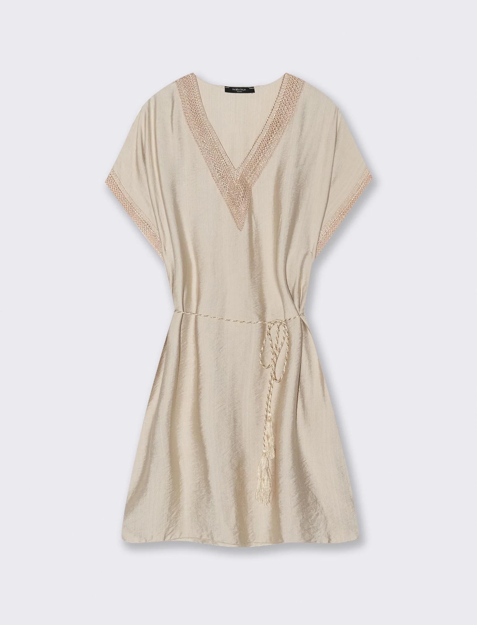 Vestito con cintura e passamaneria - Beige - Image 3