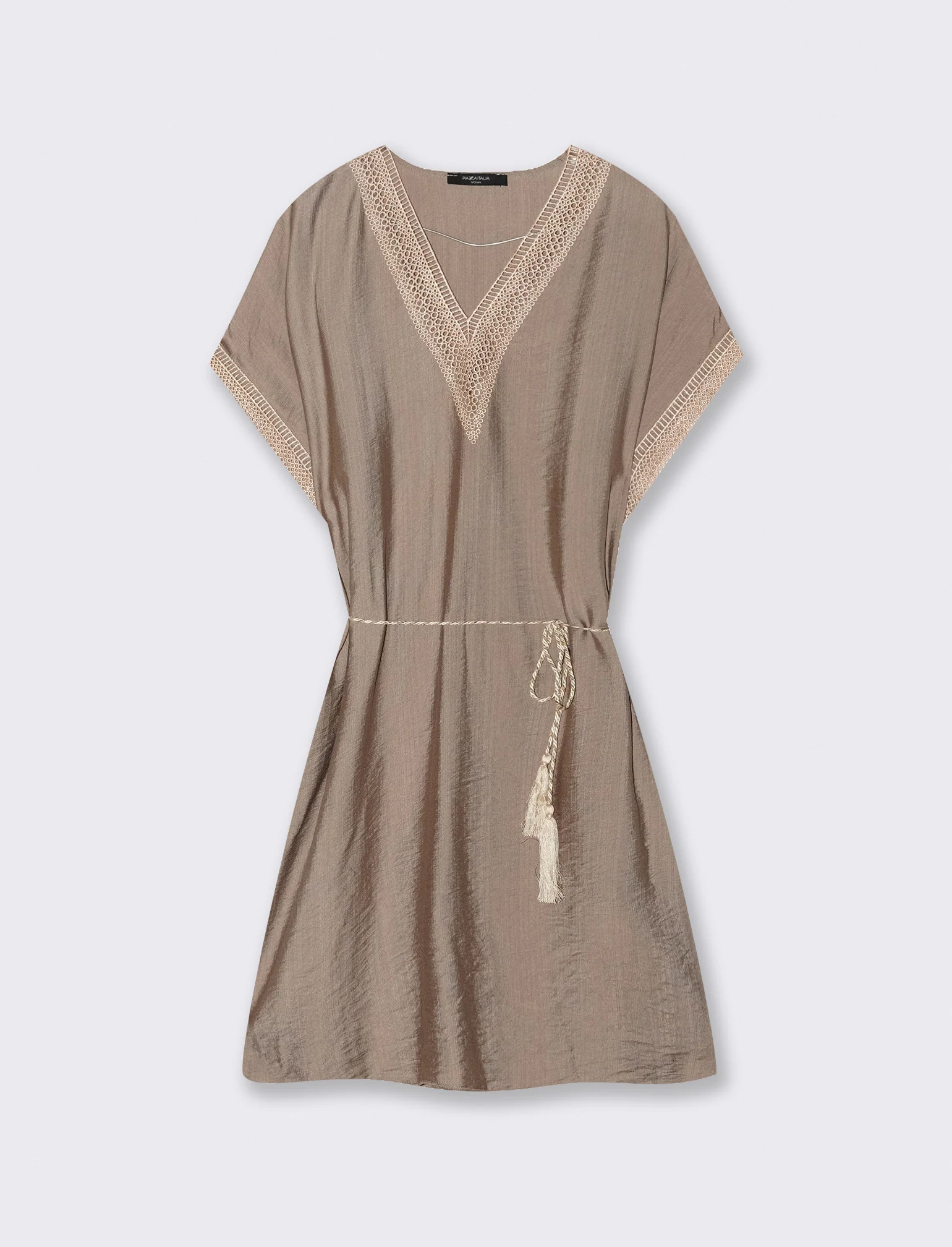 Vestito con cintura e passamaneria - Grigio fango - Image 3