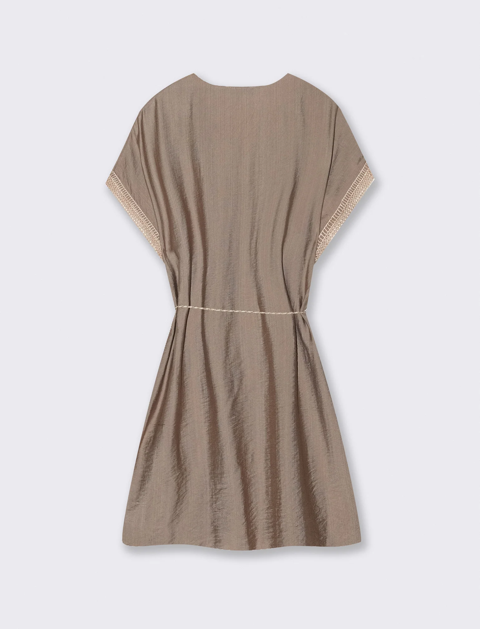 Vestito con cintura e passamaneria - Grigio fango - Image 4