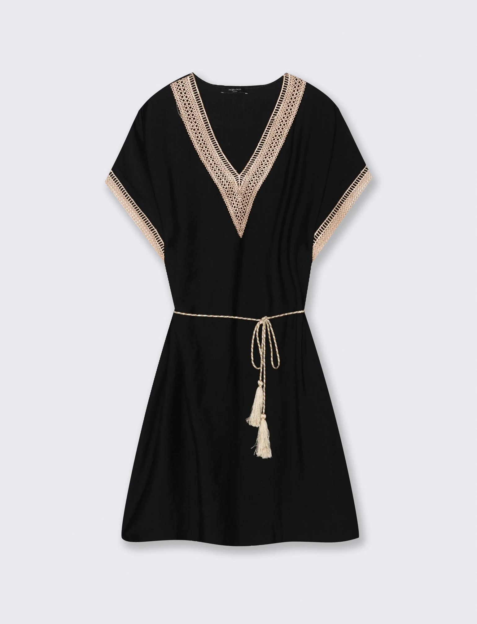 Vestito con cintura e passamaneria - Nero - Image 3