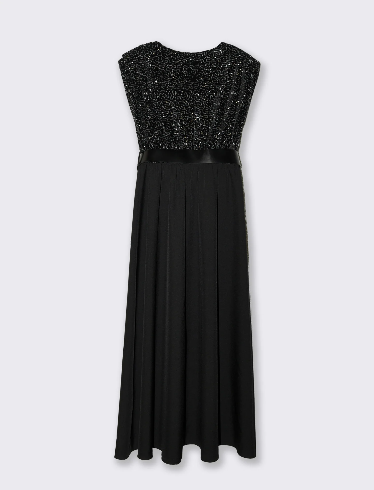 Vestito con doppio tessuto e cintura, paillettes e tessuto unito - Argento - Image 2