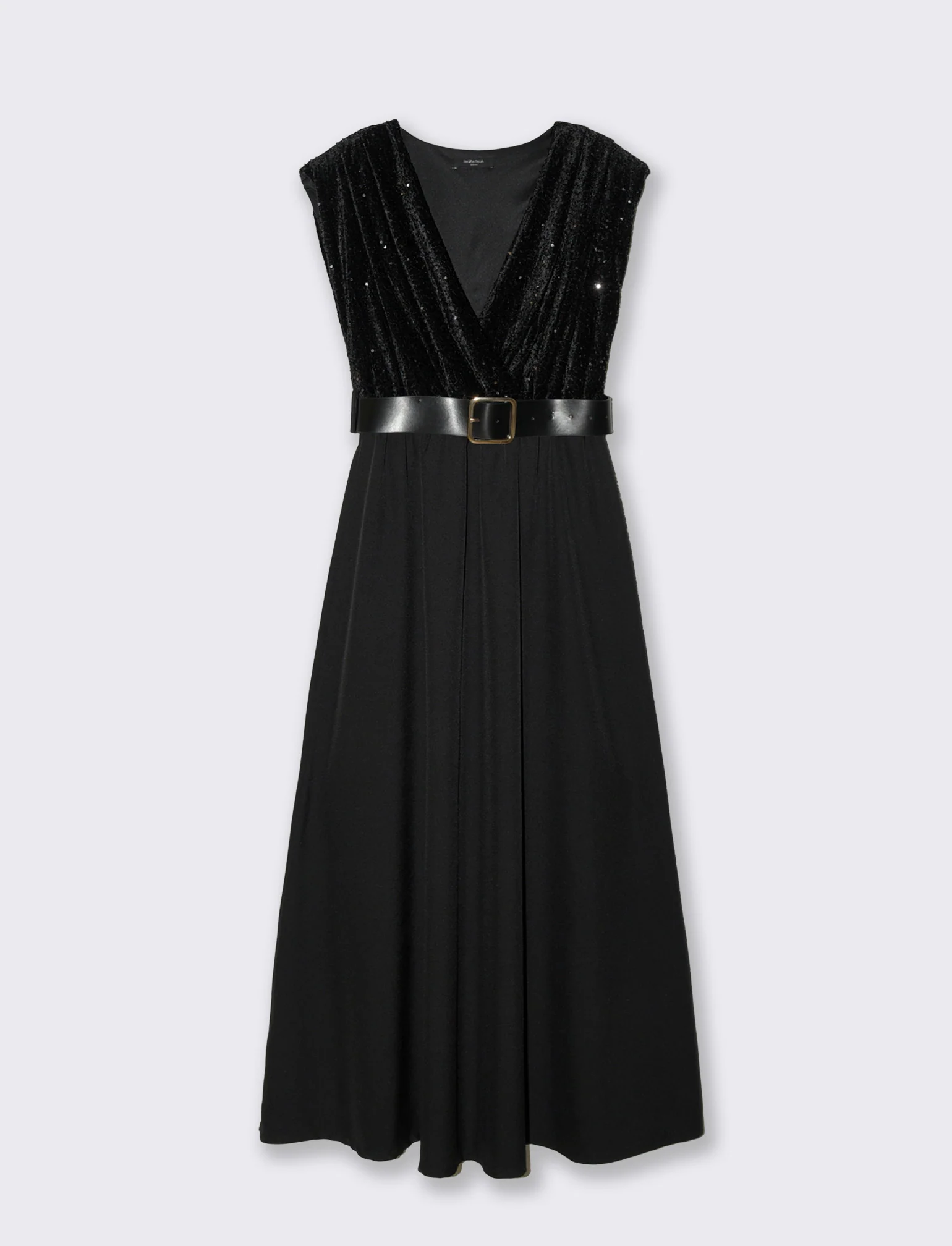 Vestito con doppio tessuto e cintura, paillettes e tessuto unito - Nero