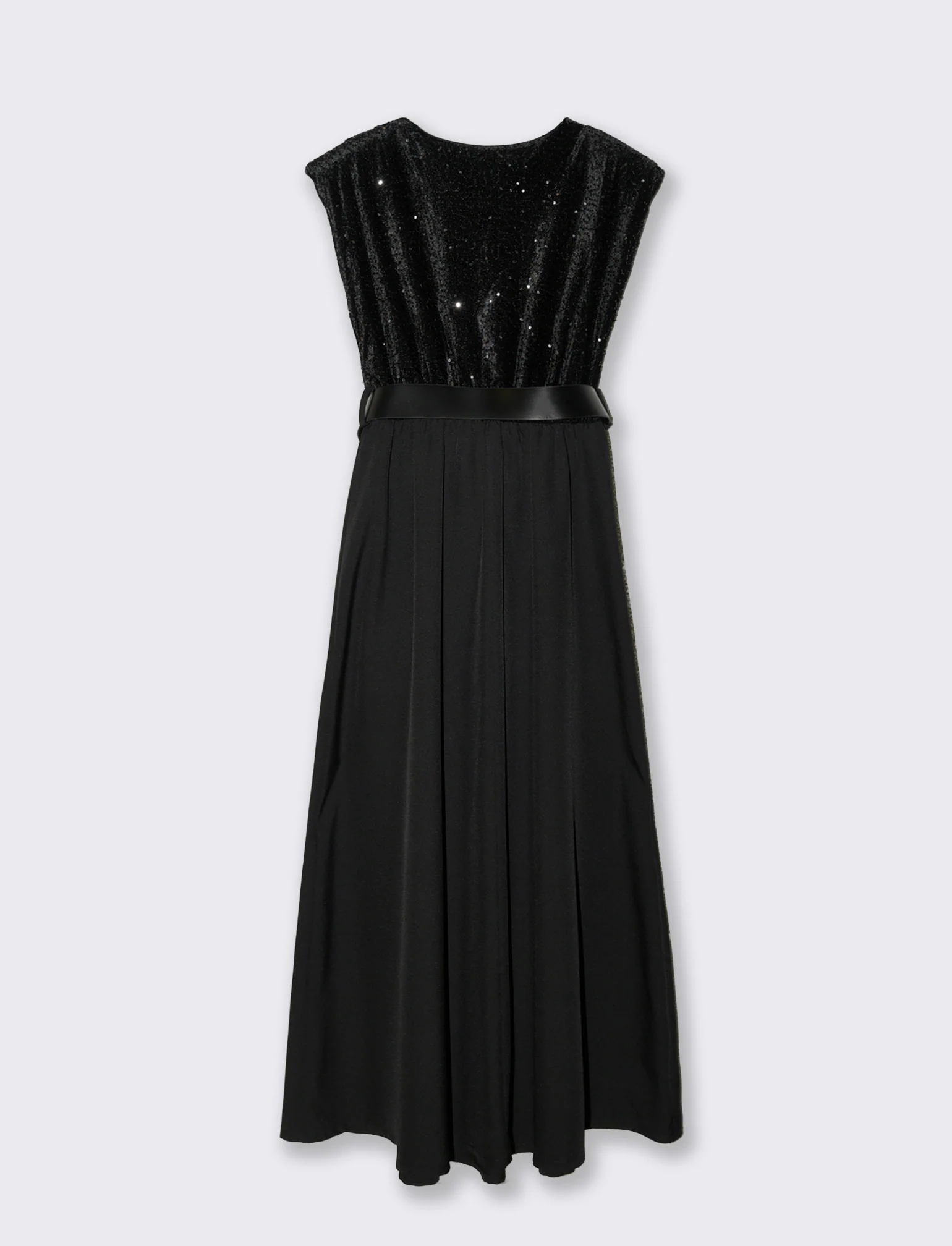 Vestito con doppio tessuto e cintura, paillettes e tessuto unito - Nero - Image 2