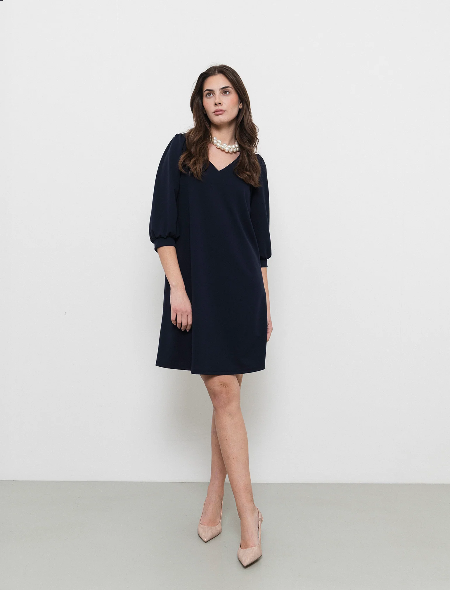 Vestito con maniche a sbuffo 3/4 e scollo a V - Blu