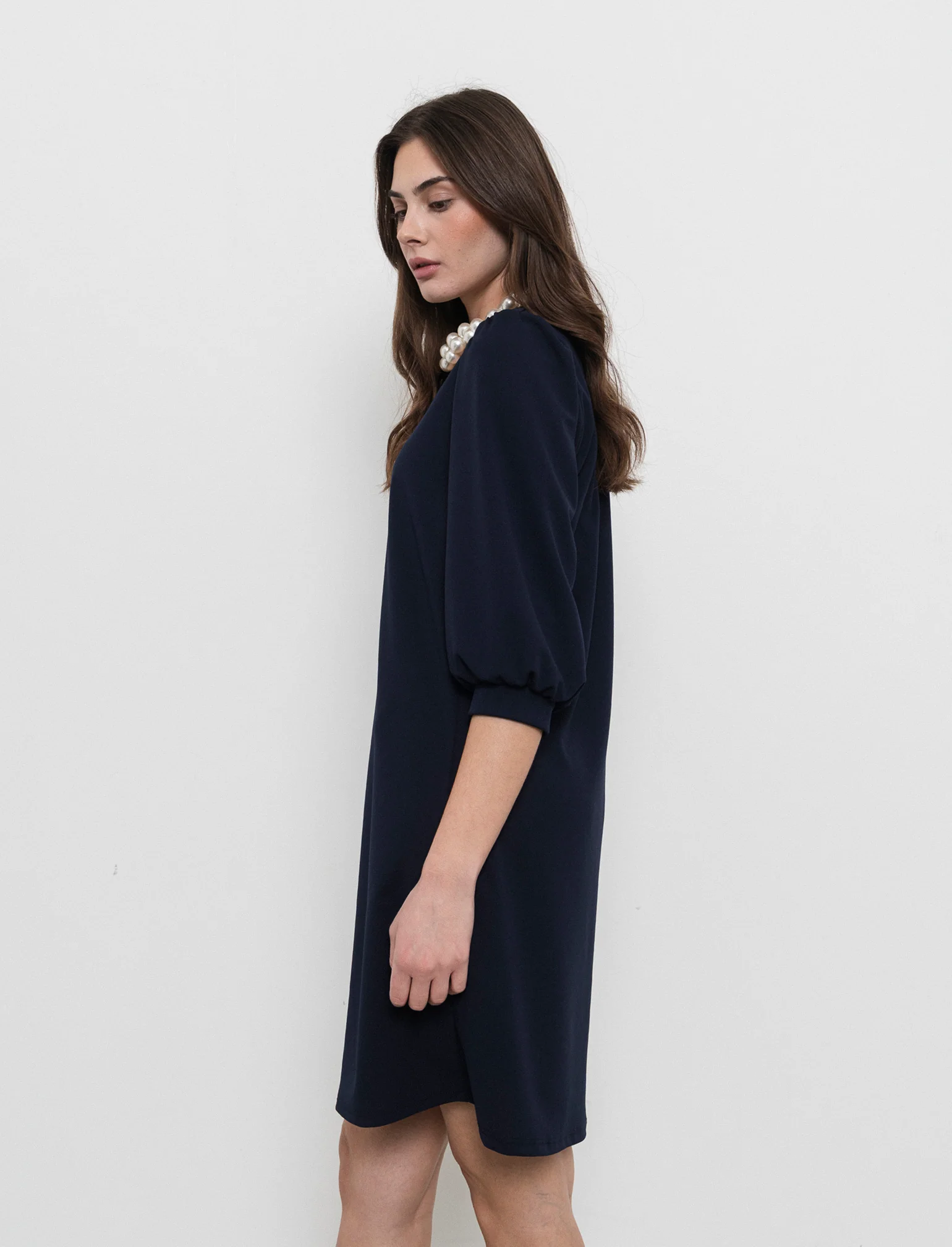 Vestito con maniche a sbuffo 3/4 e scollo a V - Blu - Image 2