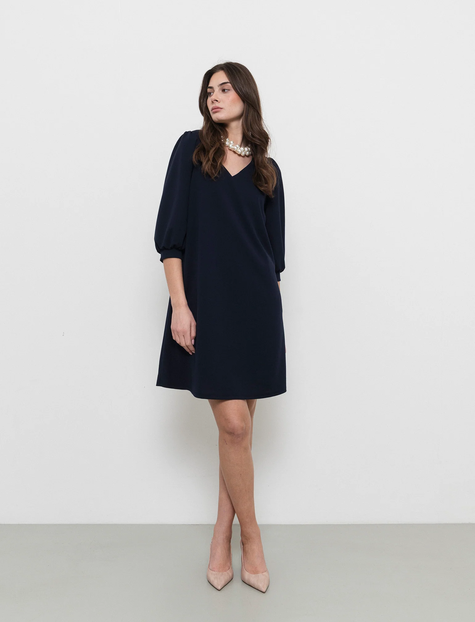 Vestito con maniche a sbuffo 3/4 e scollo a V - Blu - Image 3