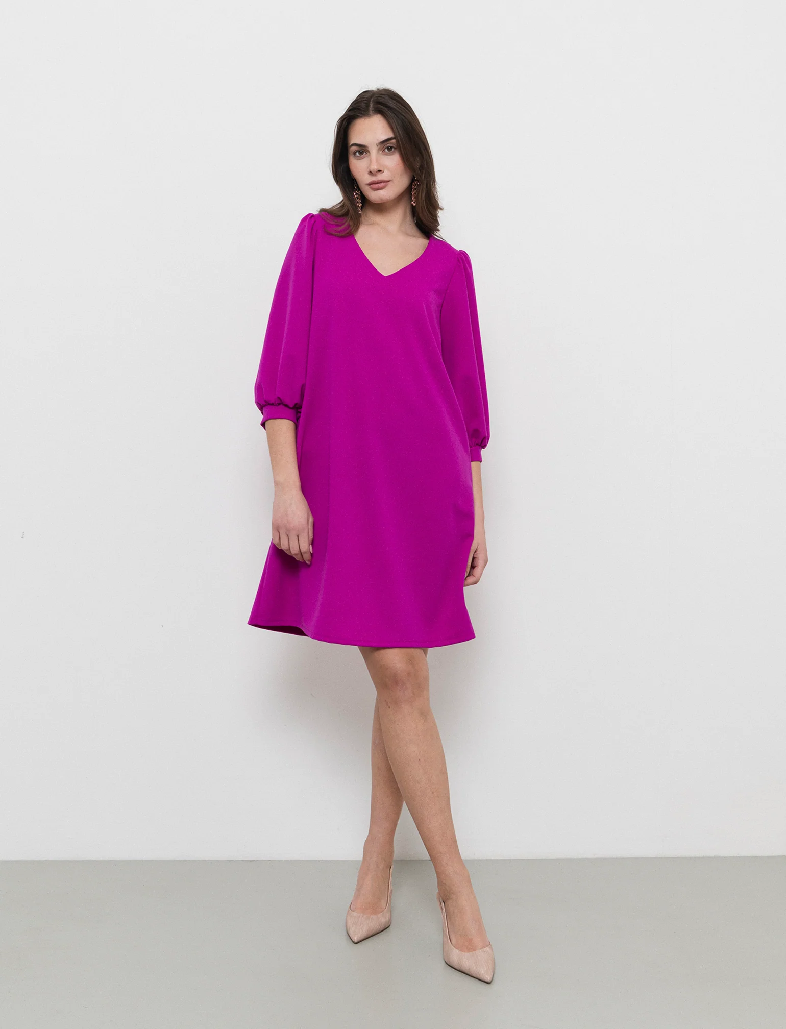 Vestito con maniche a sbuffo 3/4 e scollo a V - Fuxia