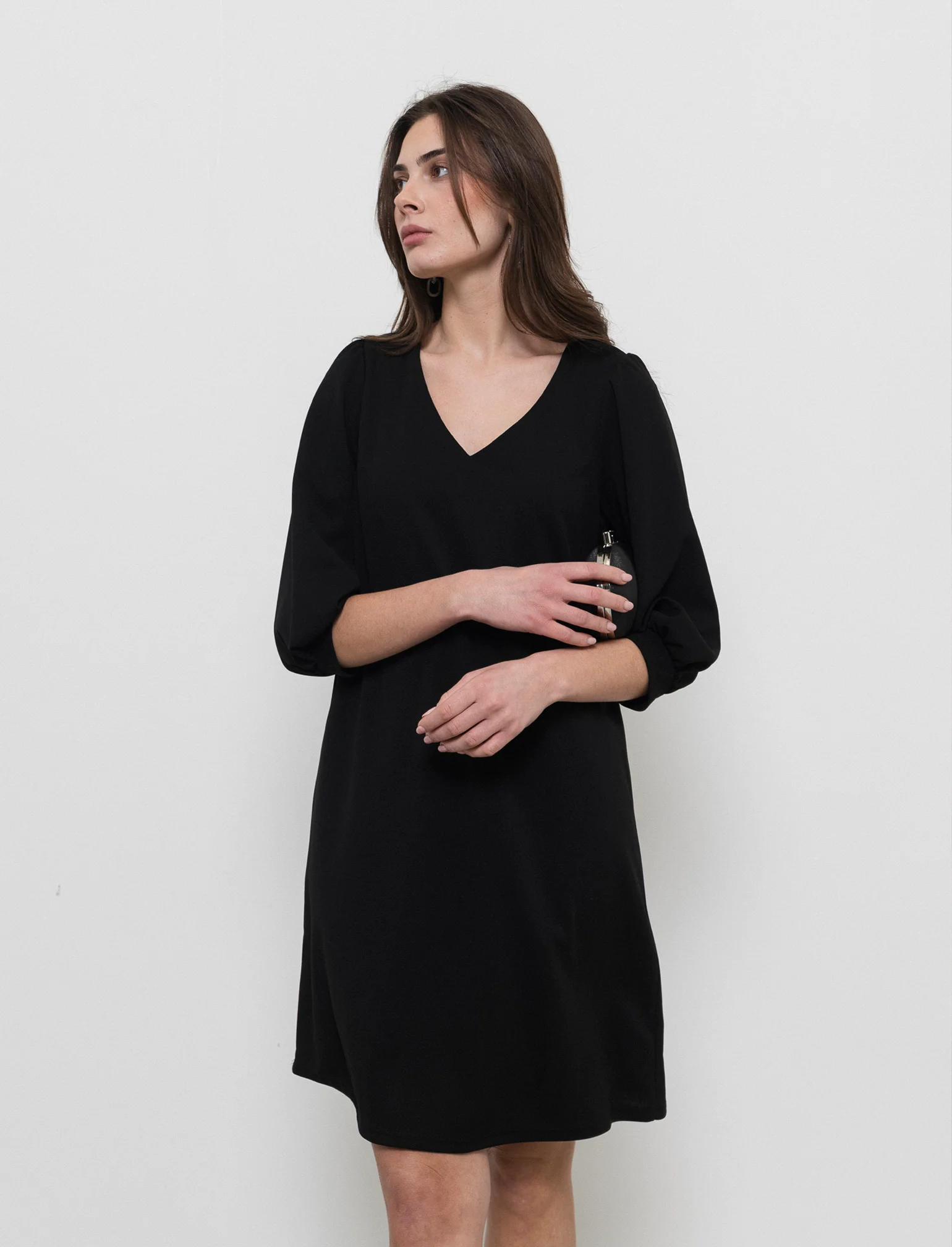 Vestito con maniche a sbuffo 3/4 e scollo a V - Nero - Image 3