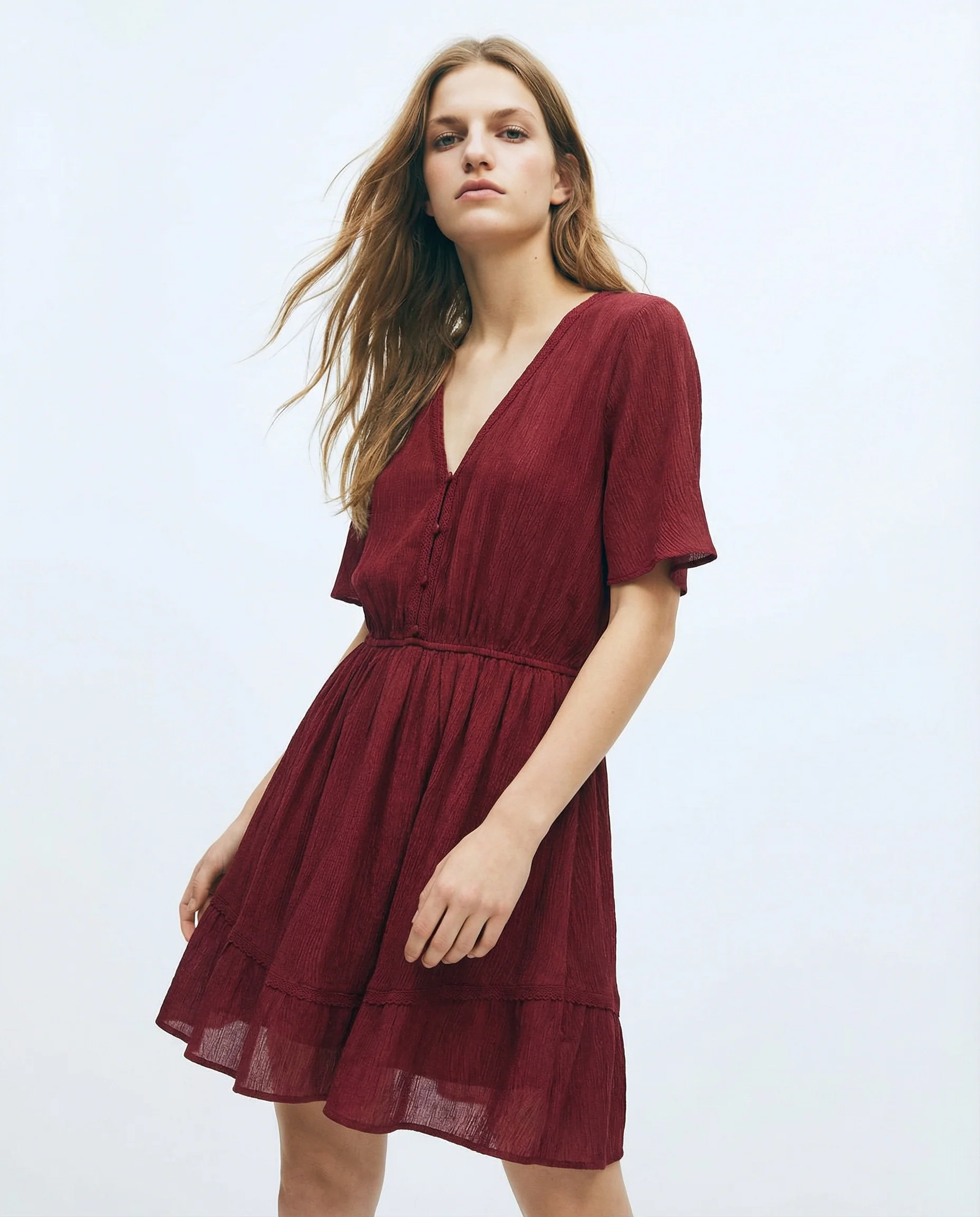 Vestito con Maniche Corte e Scollo a V - Rosso india - Image 3