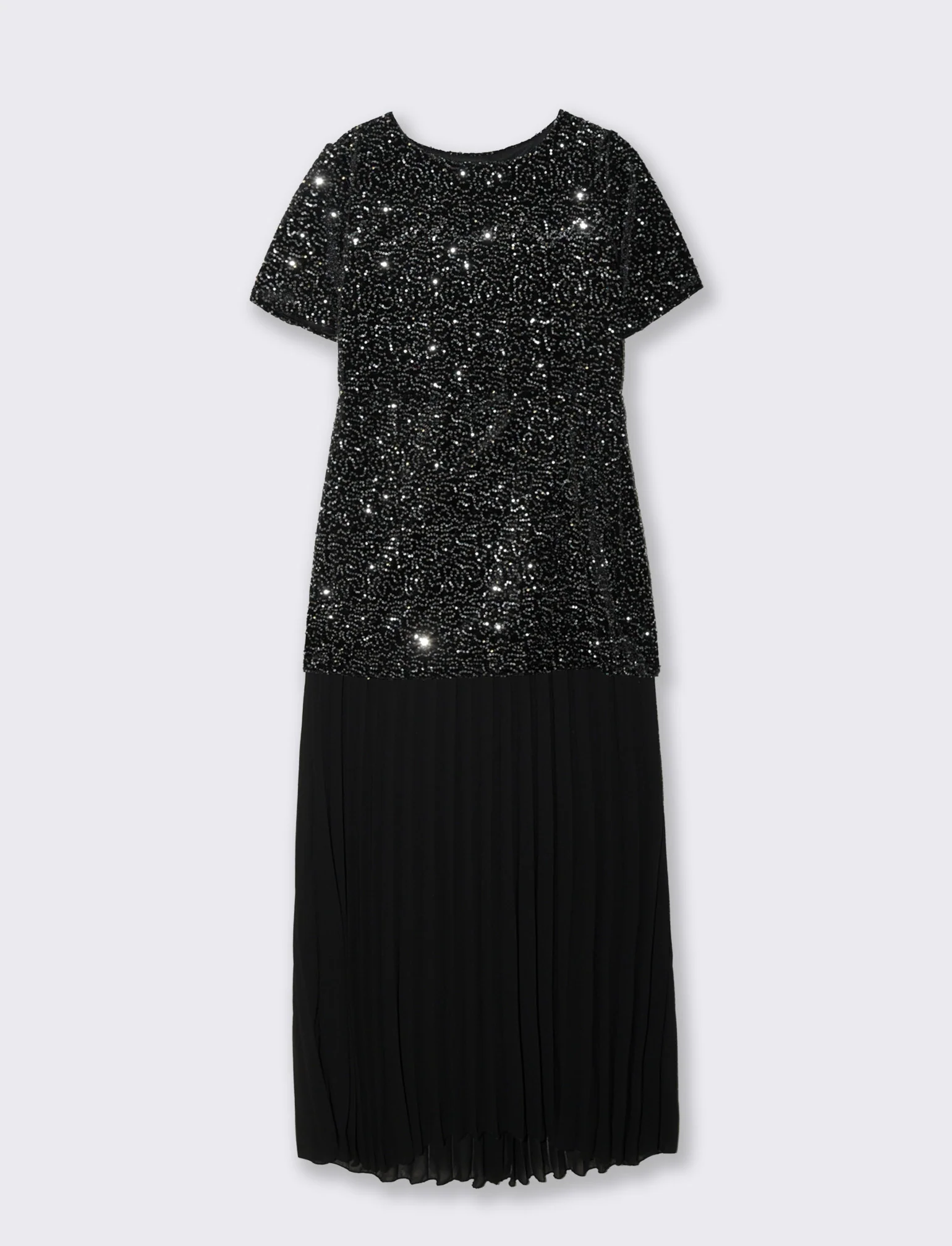 Vestito con maniche corte in paillettes e georgette plisset - Argento - Image 2