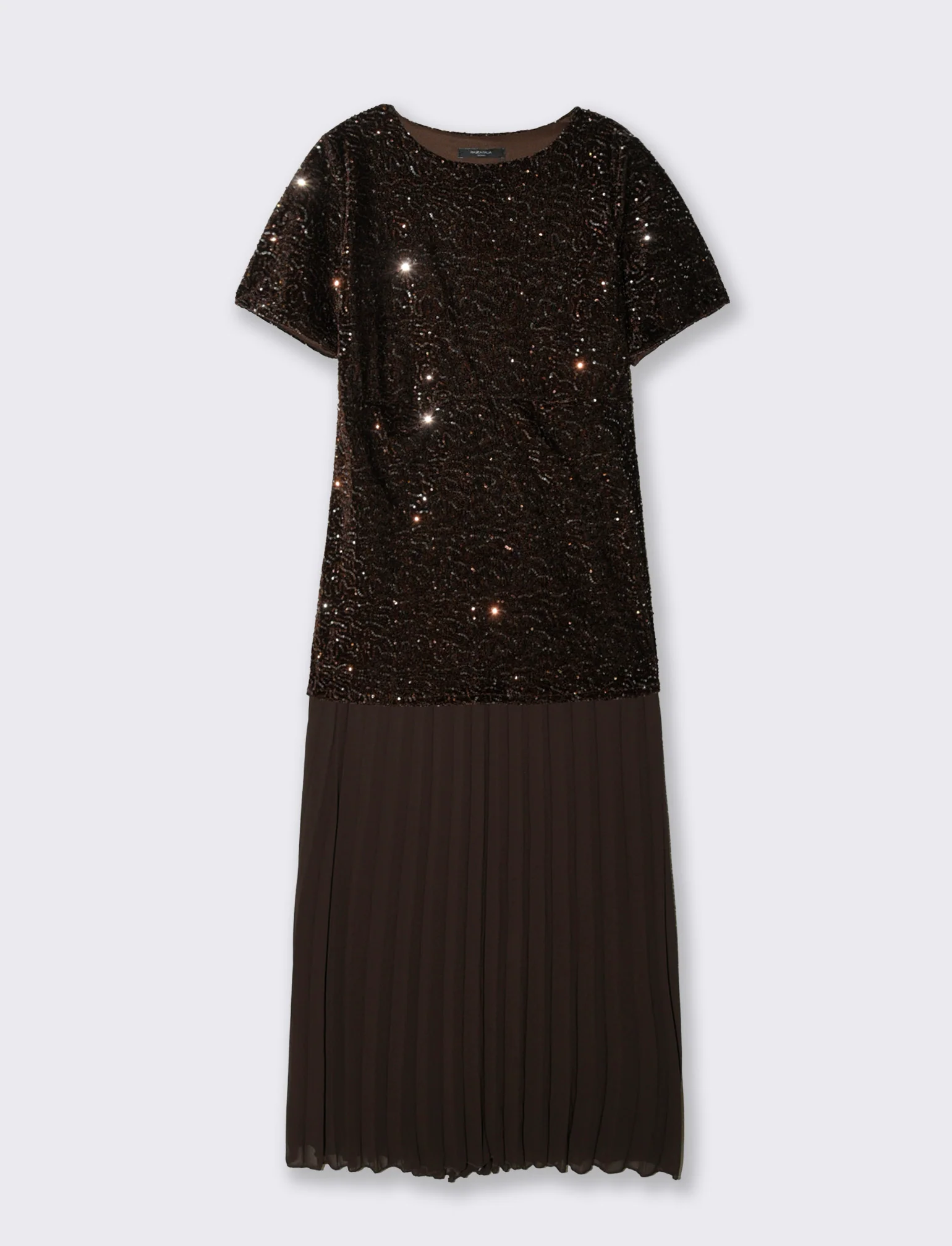 Vestito con maniche corte in paillettes e georgette plisset - Moro