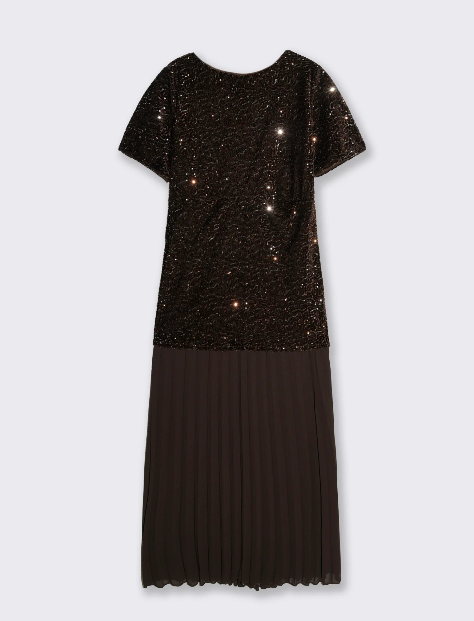 Vestito con maniche corte in paillettes e georgette plisset - Moro - Image 2
