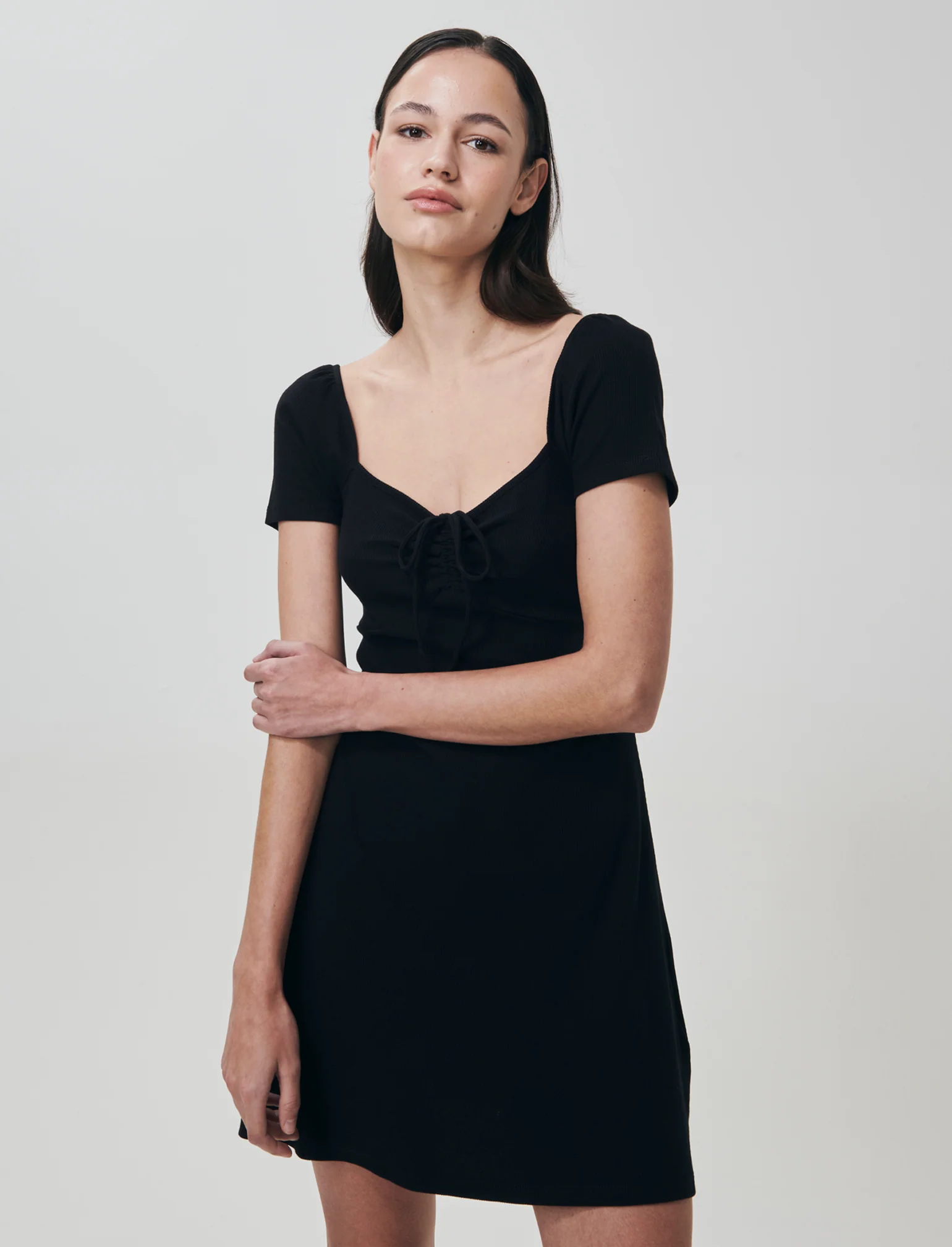 Vestito Corto a Coste con Manica Aletto - Nero - Image 3