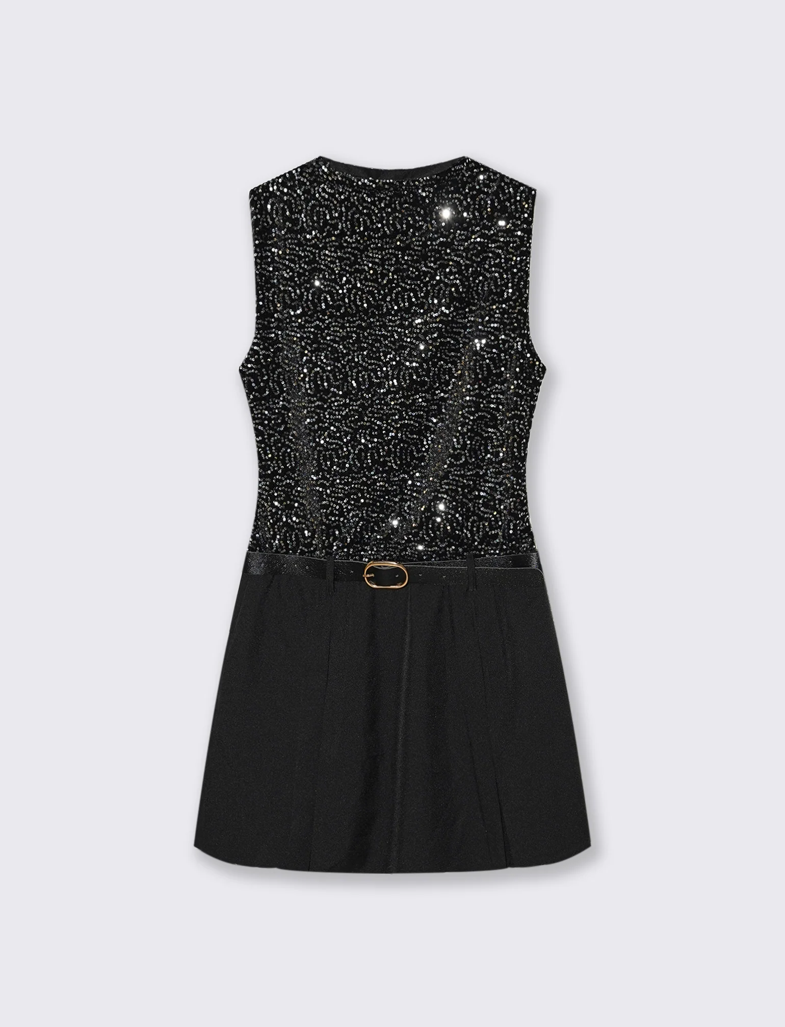 Vestito corto con cintura in doppio tessuto, paillettes e unito. - Nero-argento