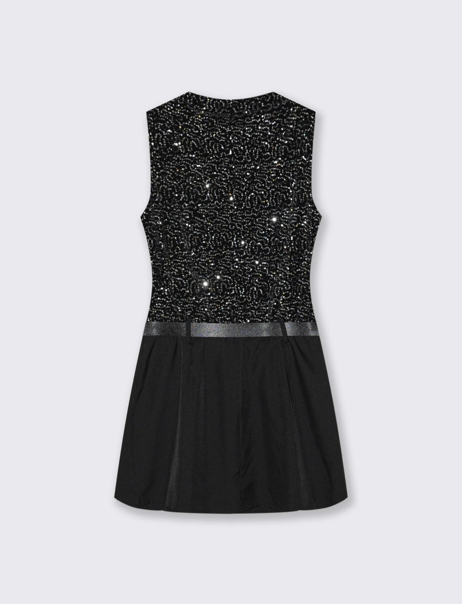 Vestito corto con cintura in doppio tessuto, paillettes e unito. - Nero-argento - Image 2