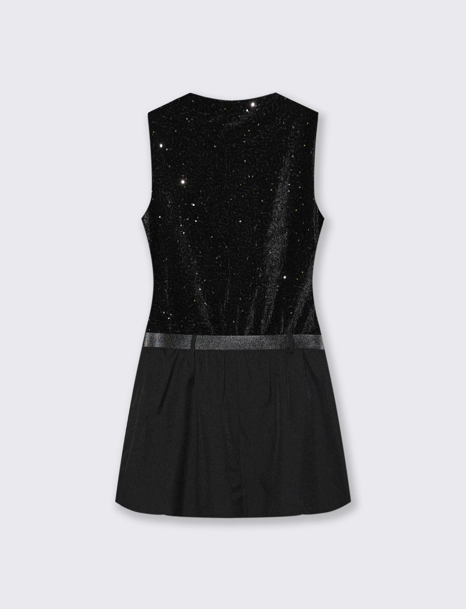Vestito corto con cintura in doppio tessuto, paillettes e unito. - nero-nero - Image 2