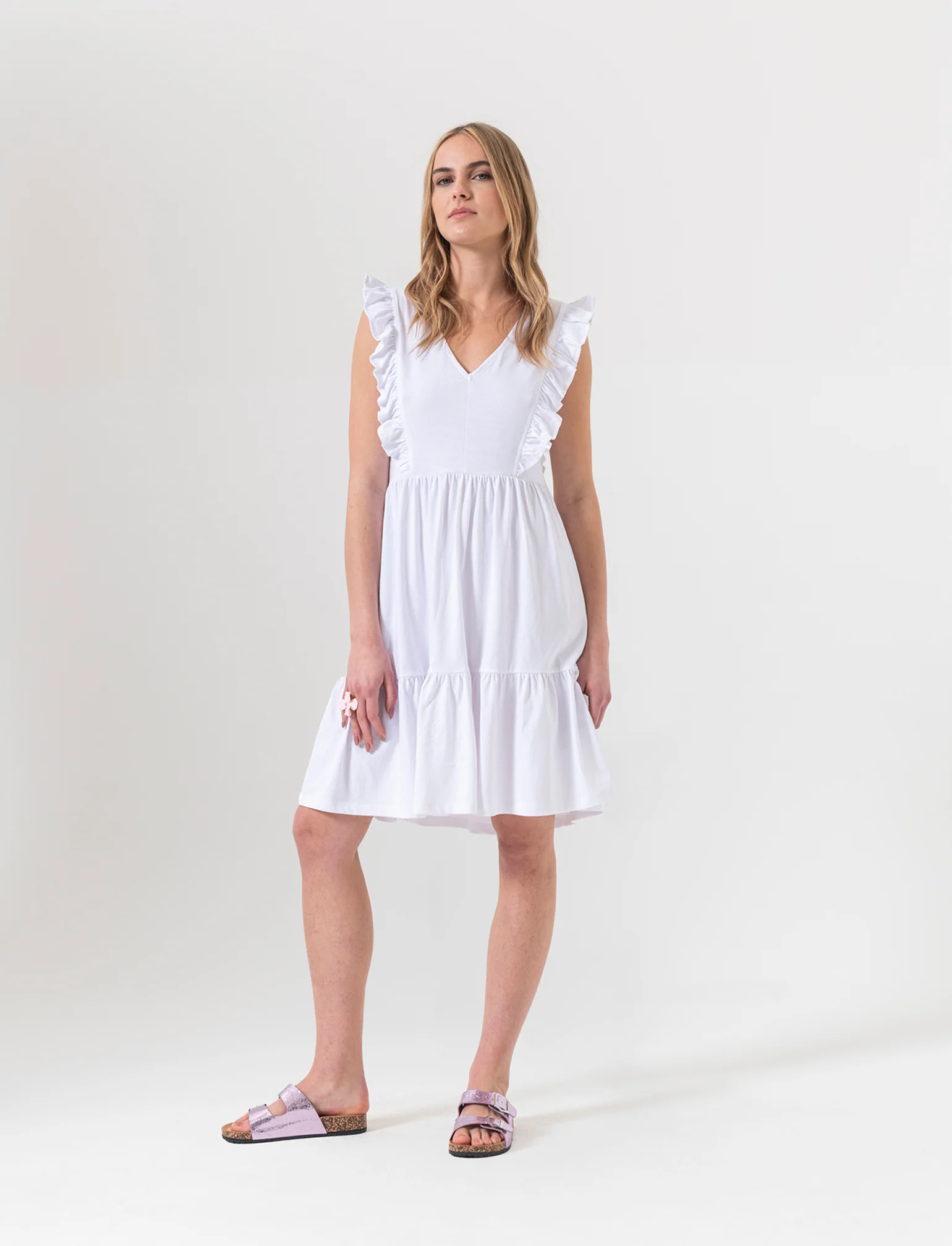 Vestito corto con rouches da donna - Bianco - Image 3