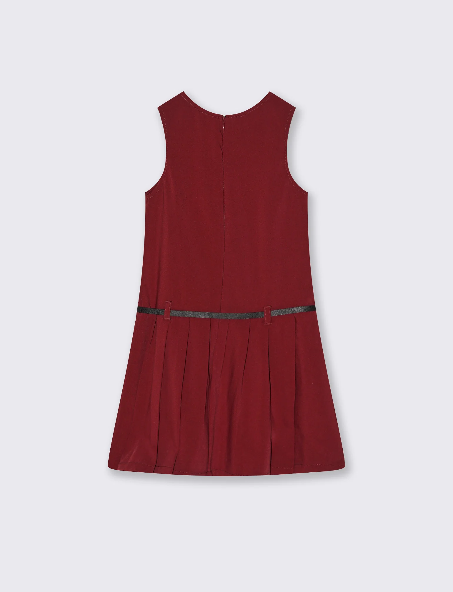 Vestito da bambina giromanica con gonna a pieghe e cintura. - Bordeaux - Image 3