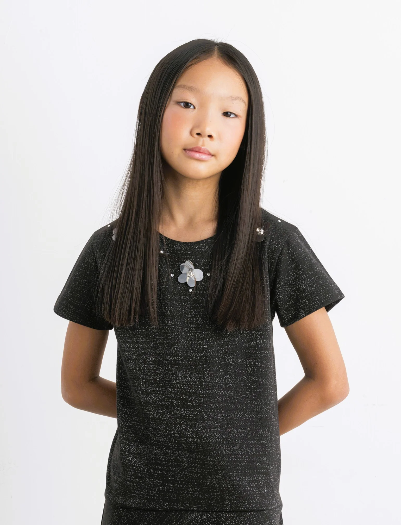 Vestito elegante da bambina in punto milano elastico con dettagli in fibra metallica. - Nero