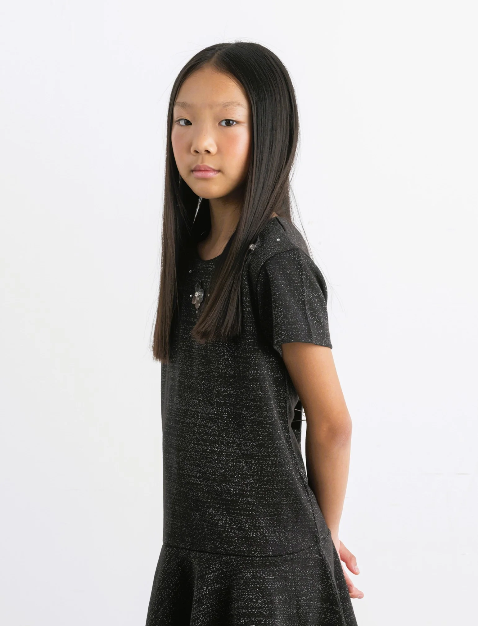 Vestito elegante da bambina in punto milano elastico con dettagli in fibra metallica. - Nero - Image 2