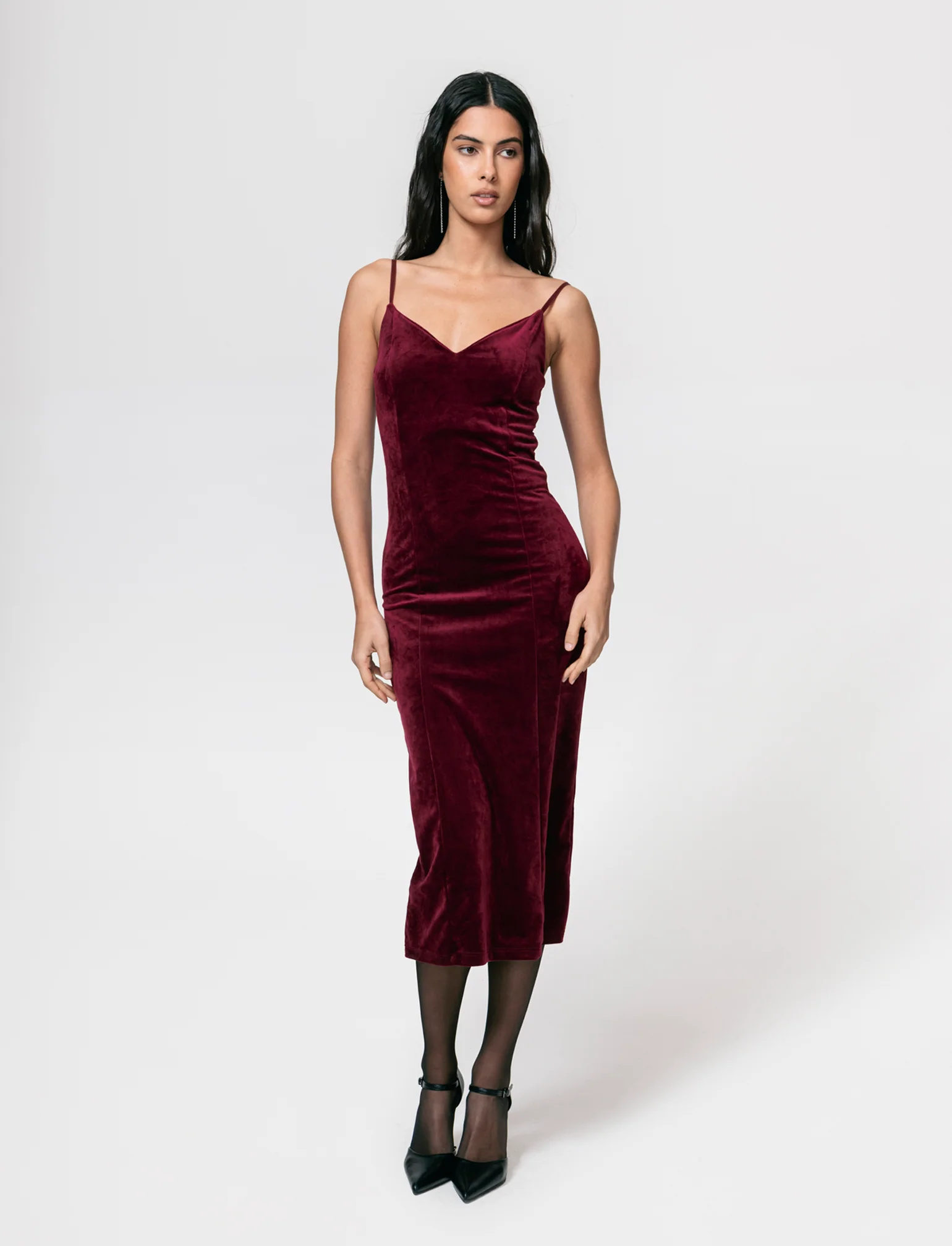 Vestito lungo con bretelline in ciniglia - Bordeaux - Image 3