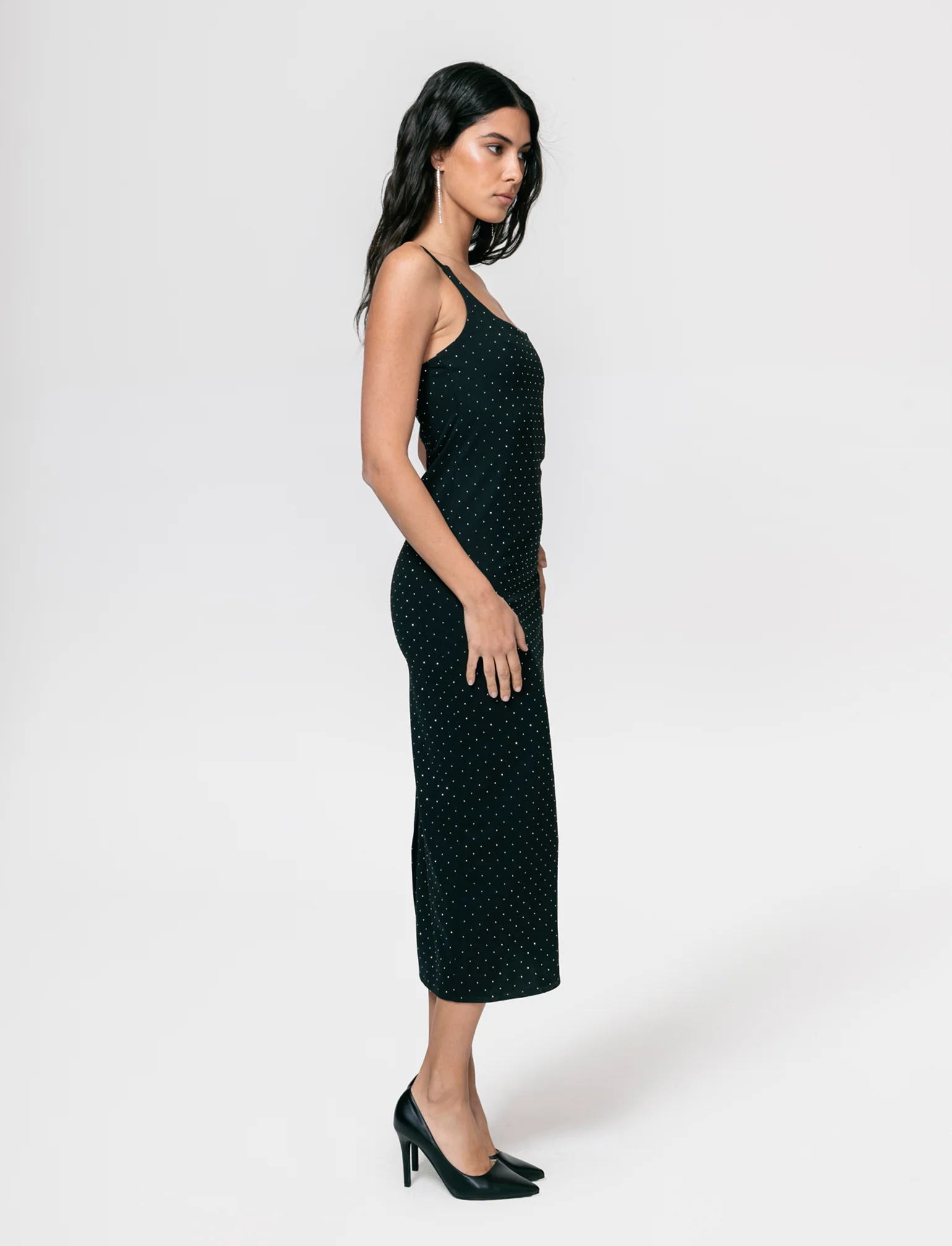 Vestito lungo con bretelline in tessuto con strass - Nero