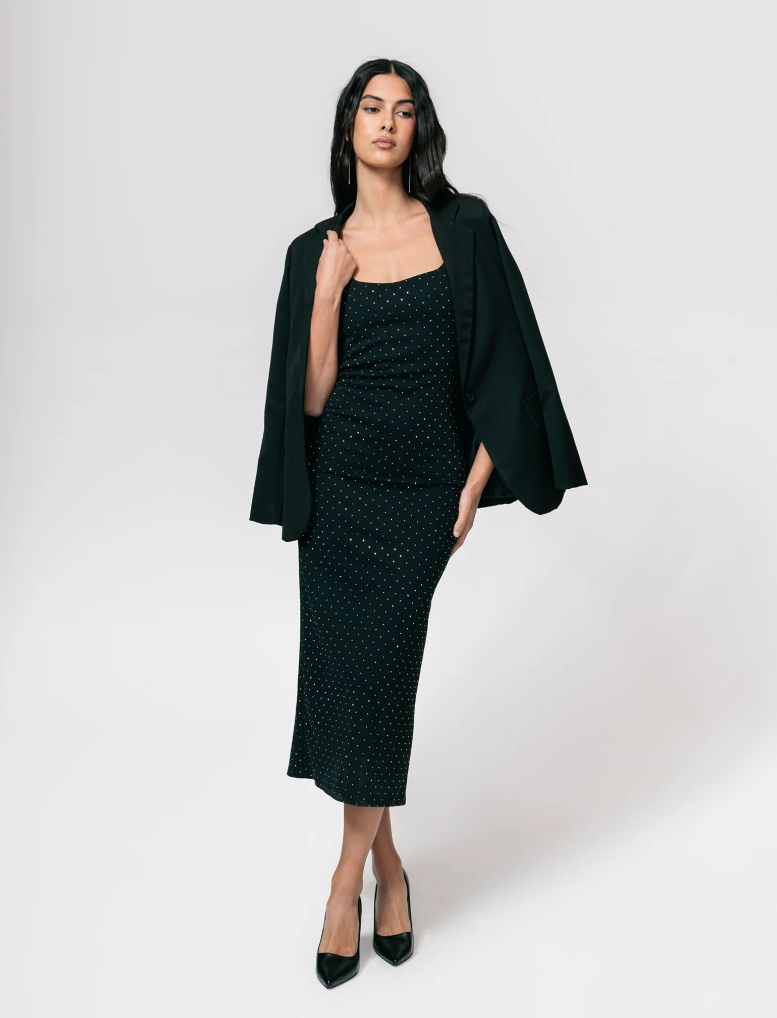 Vestito lungo con bretelline in tessuto con strass - Nero - Image 3