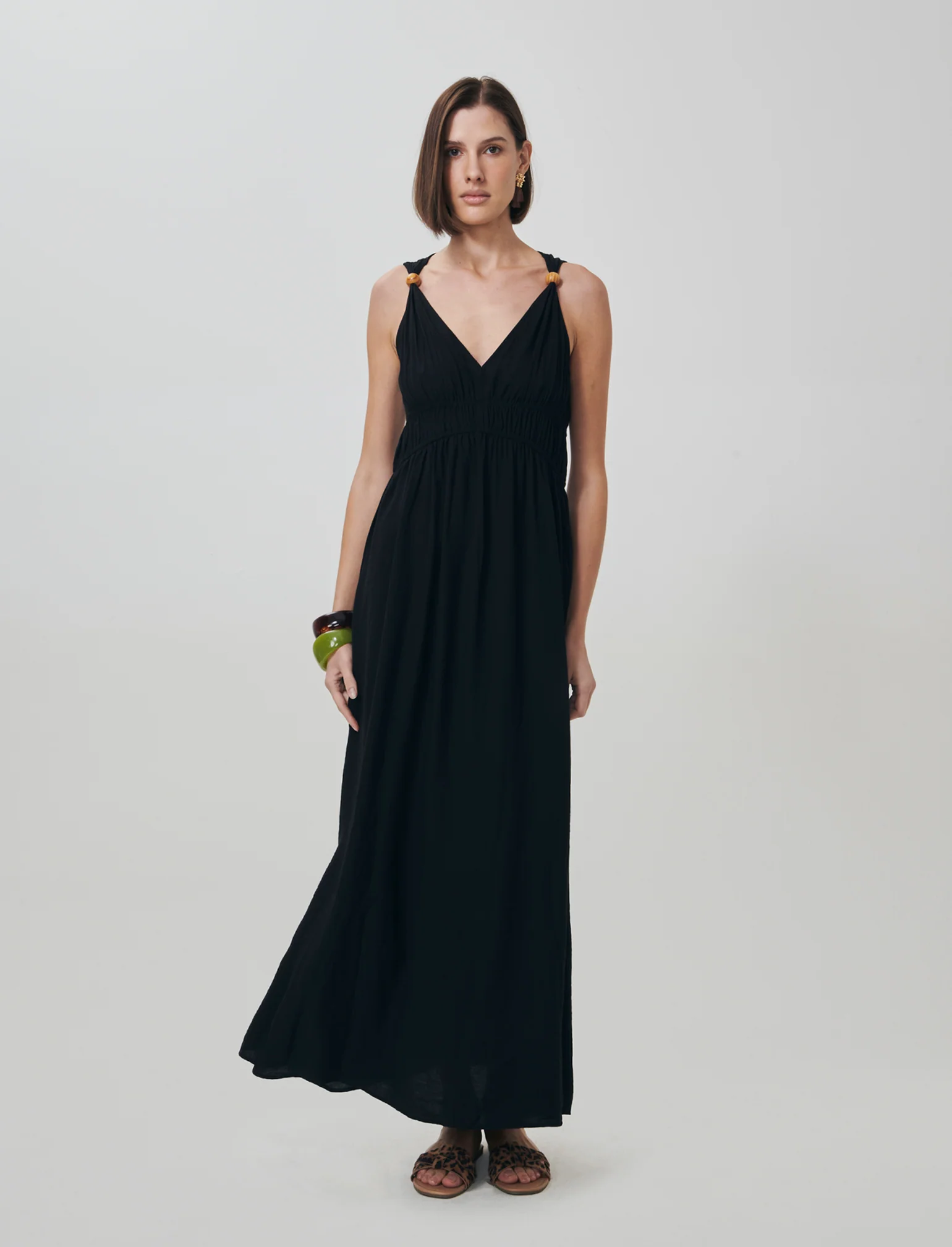 Vestito lungo con scollo a V e arricciato - Nero - Image 3