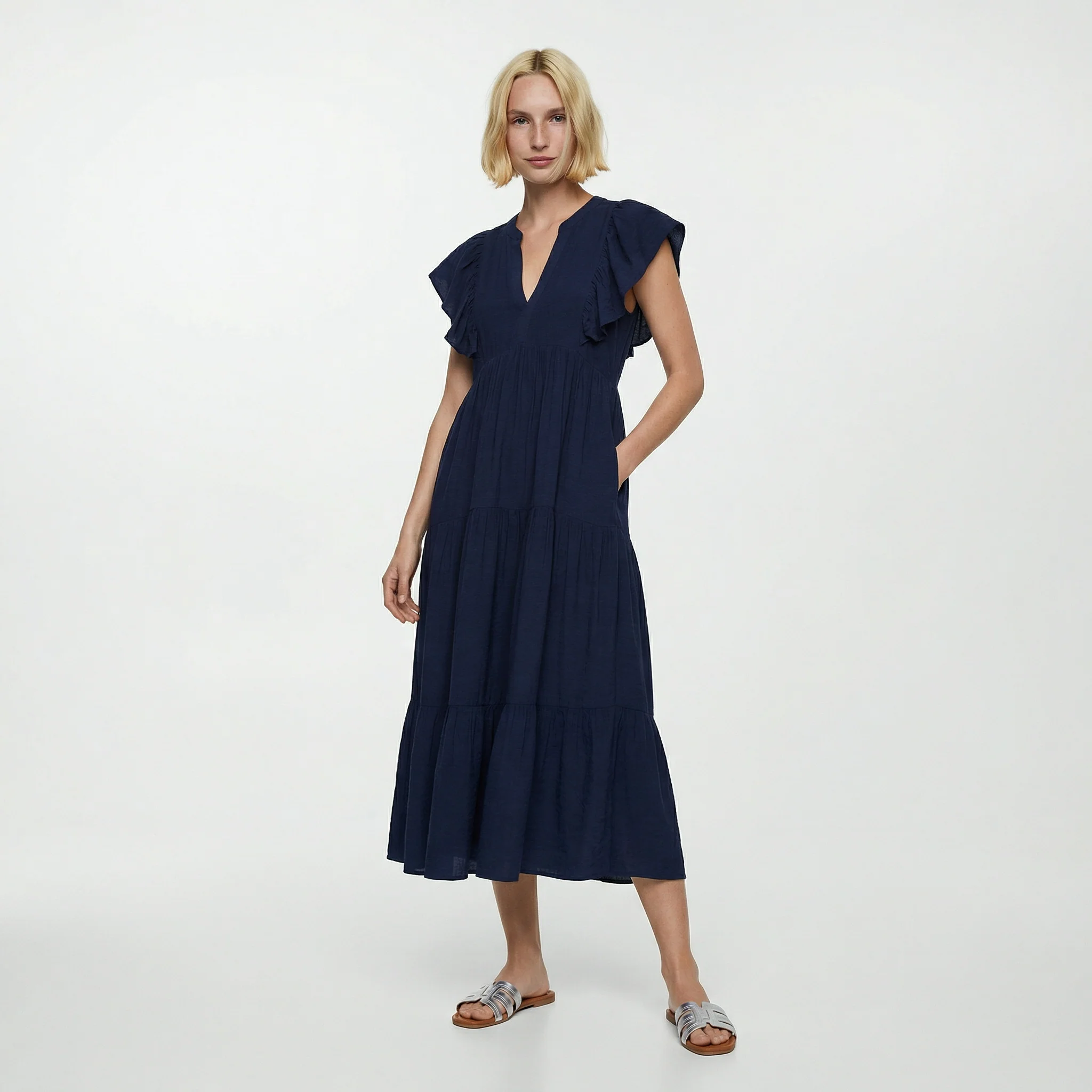 Vestito lungo con scollo a V e balze - Blu - Image 3