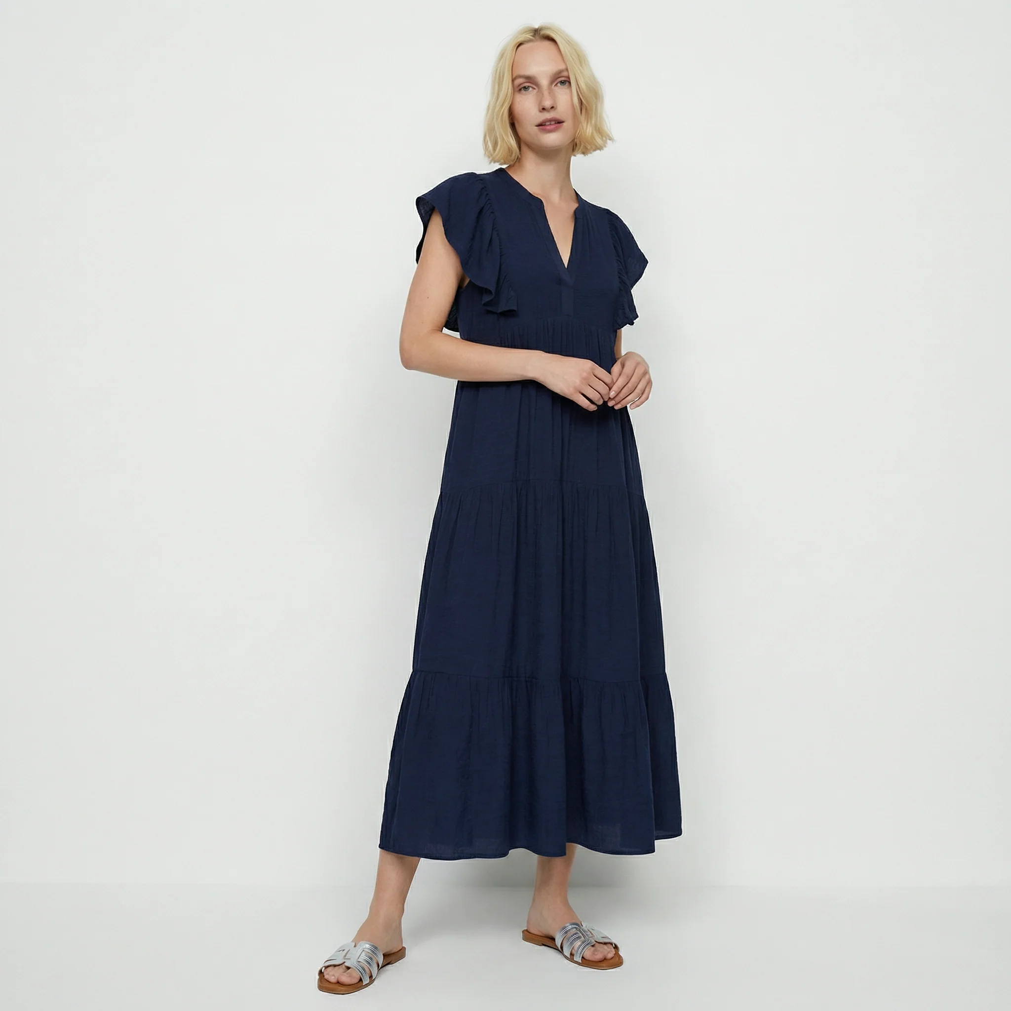 Vestito lungo con scollo a V e balze - Blu - Image 4