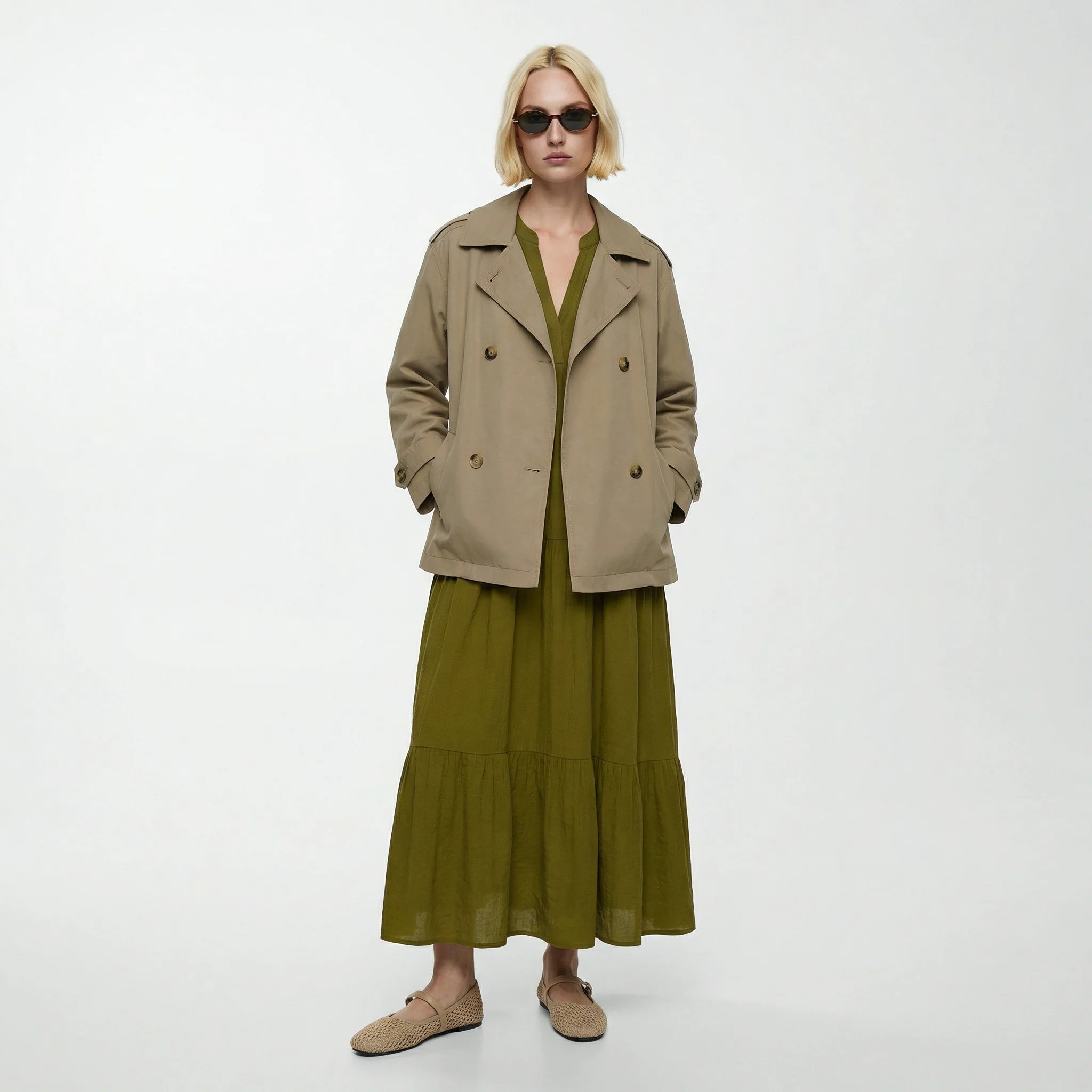 Vestito lungo con scollo a V e balze - Verde abete - Image 3