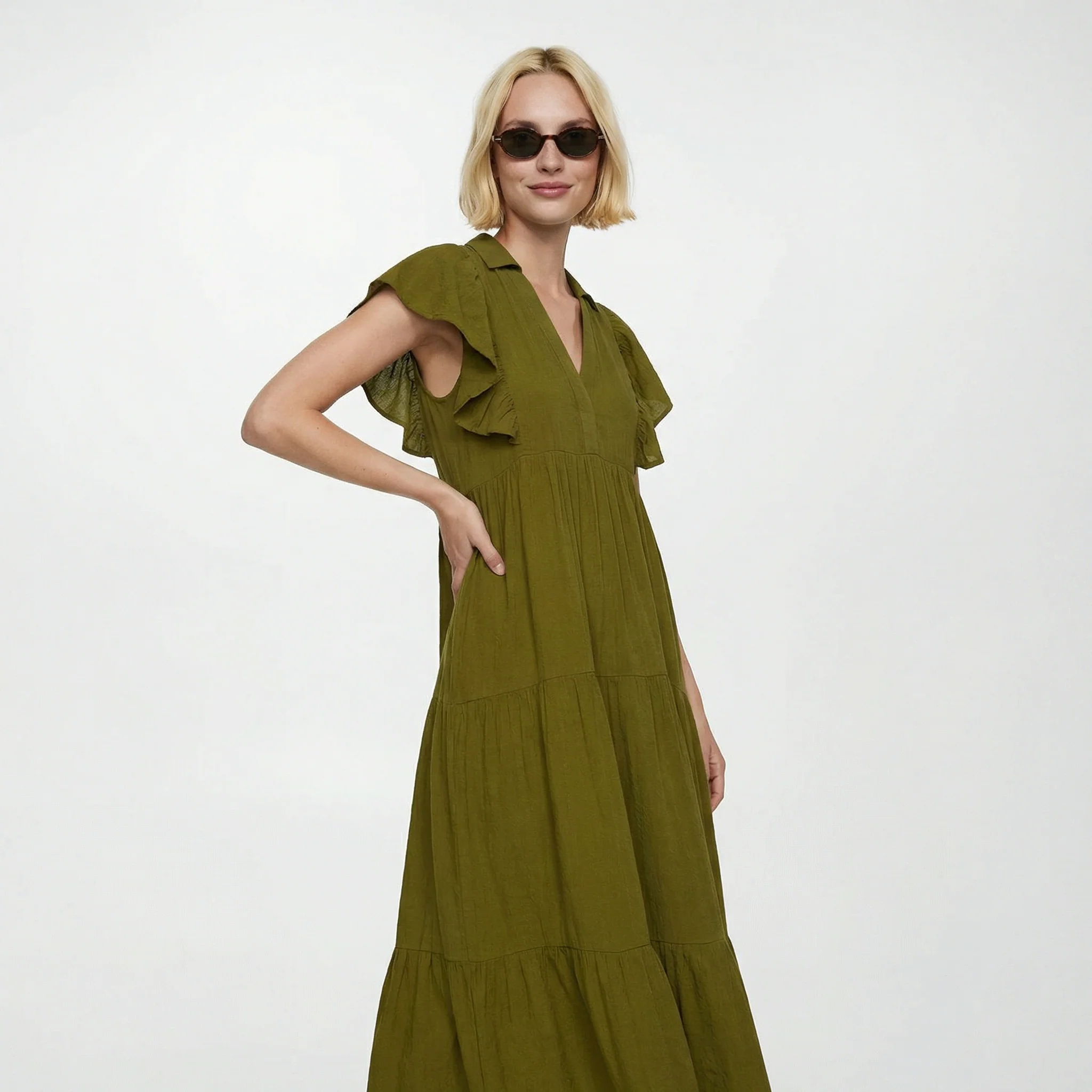 Vestito lungo con scollo a V e balze - Verde abete - Image 4