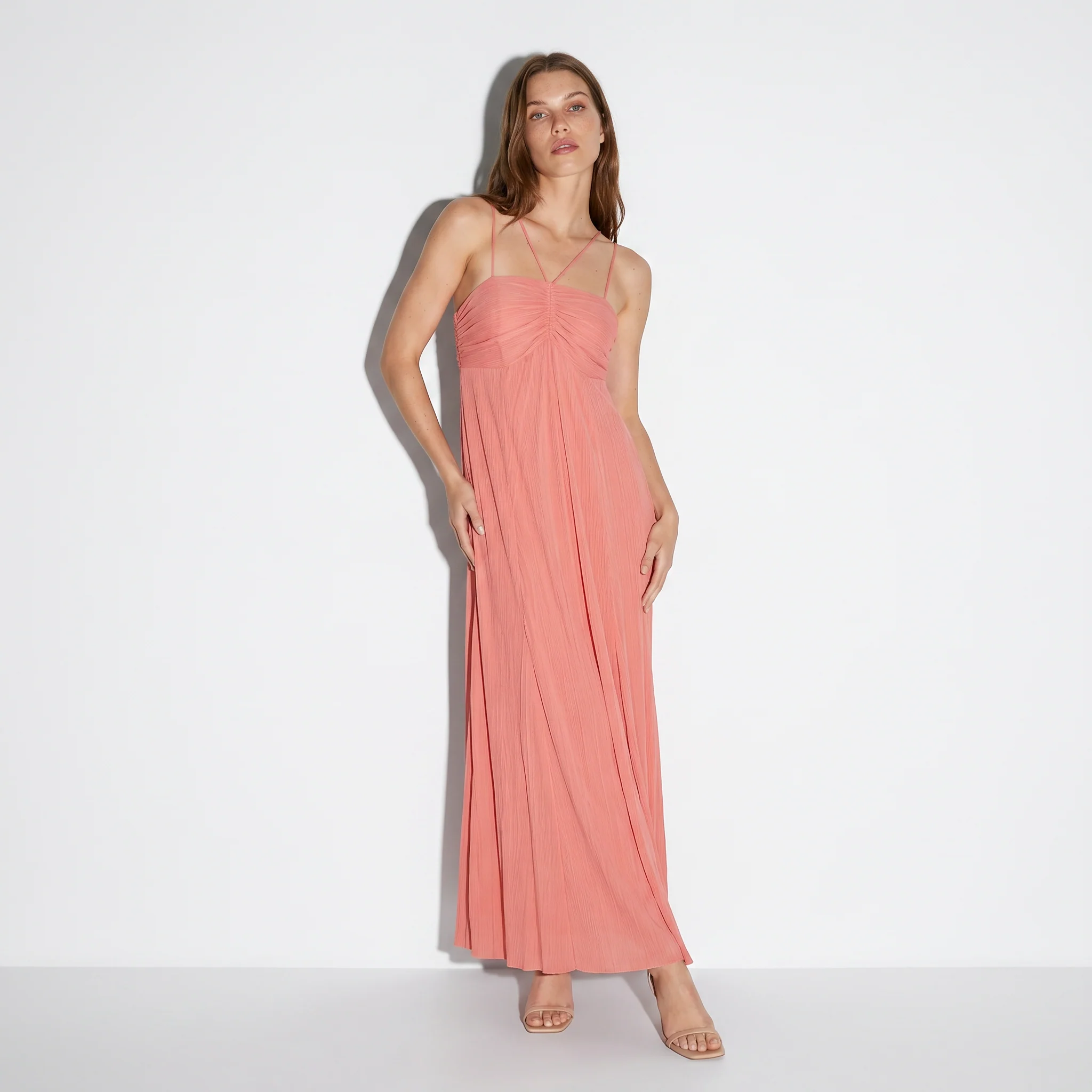 Vestito lungo con spalline e coulisse - Pesca - Image 4