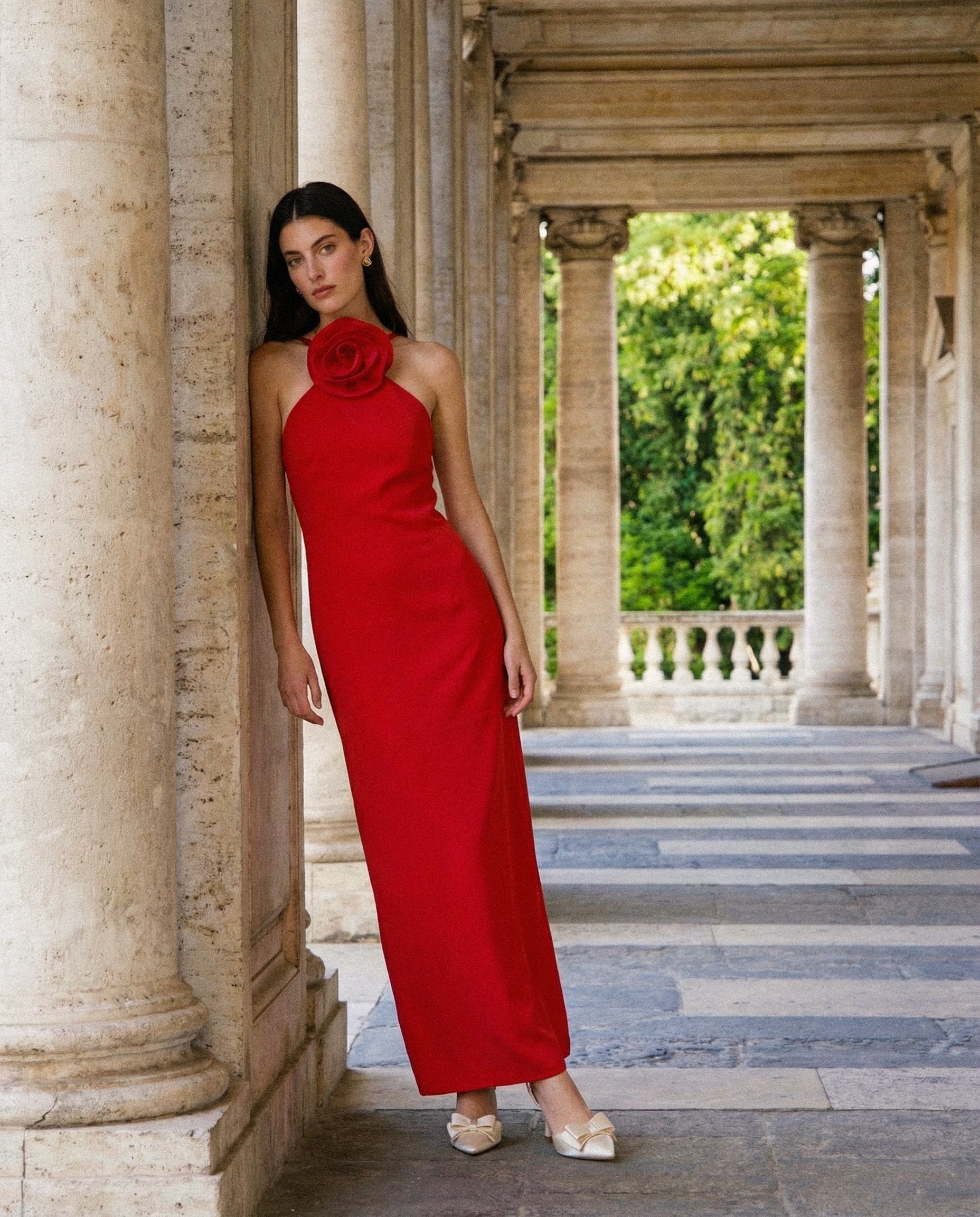 Vestito lungo con spalline e fiore decorativo - Aragosta - Image 5