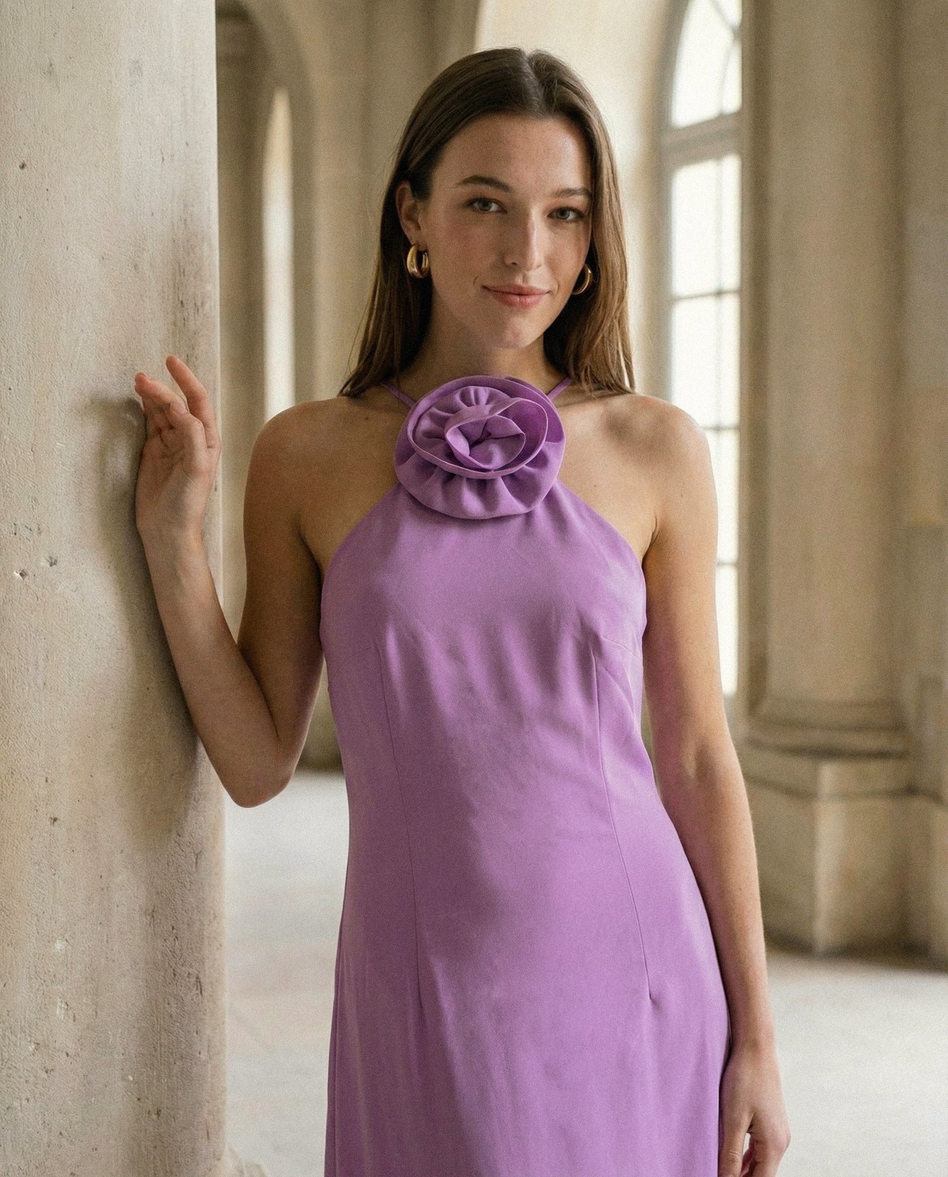 Vestito lungo con spalline e fiore decorativo - Viola orchidea - Image 6