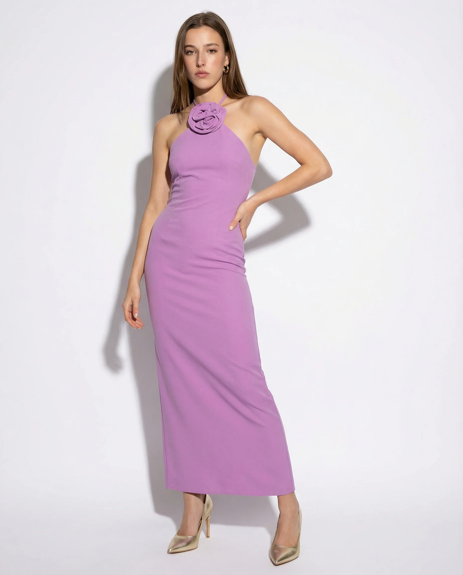 Vestito lungo con spalline e fiore decorativo - Viola orchidea - Image 7