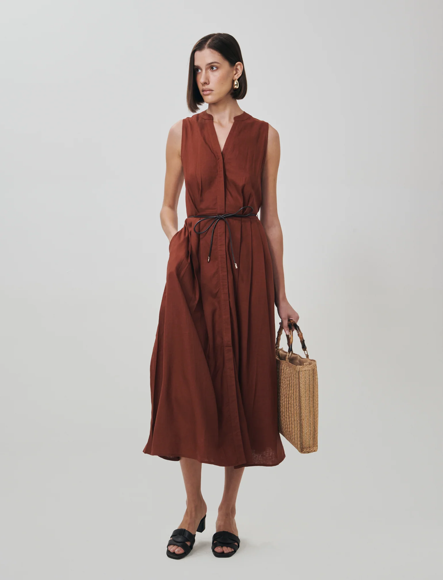 Vestito lungo giro manica con cintura - Cognac - Image 3