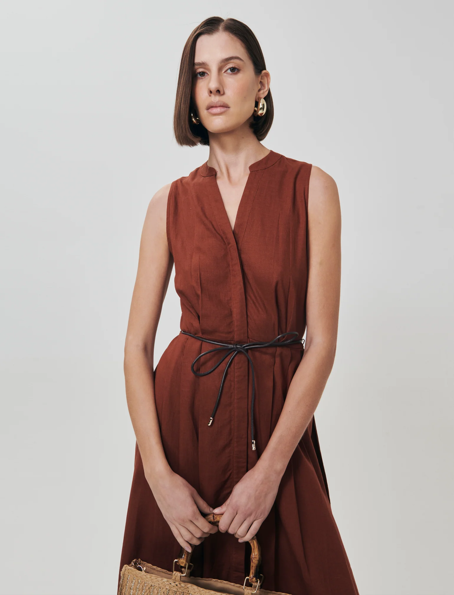 Vestito lungo giro manica con cintura - Cognac - Image 4