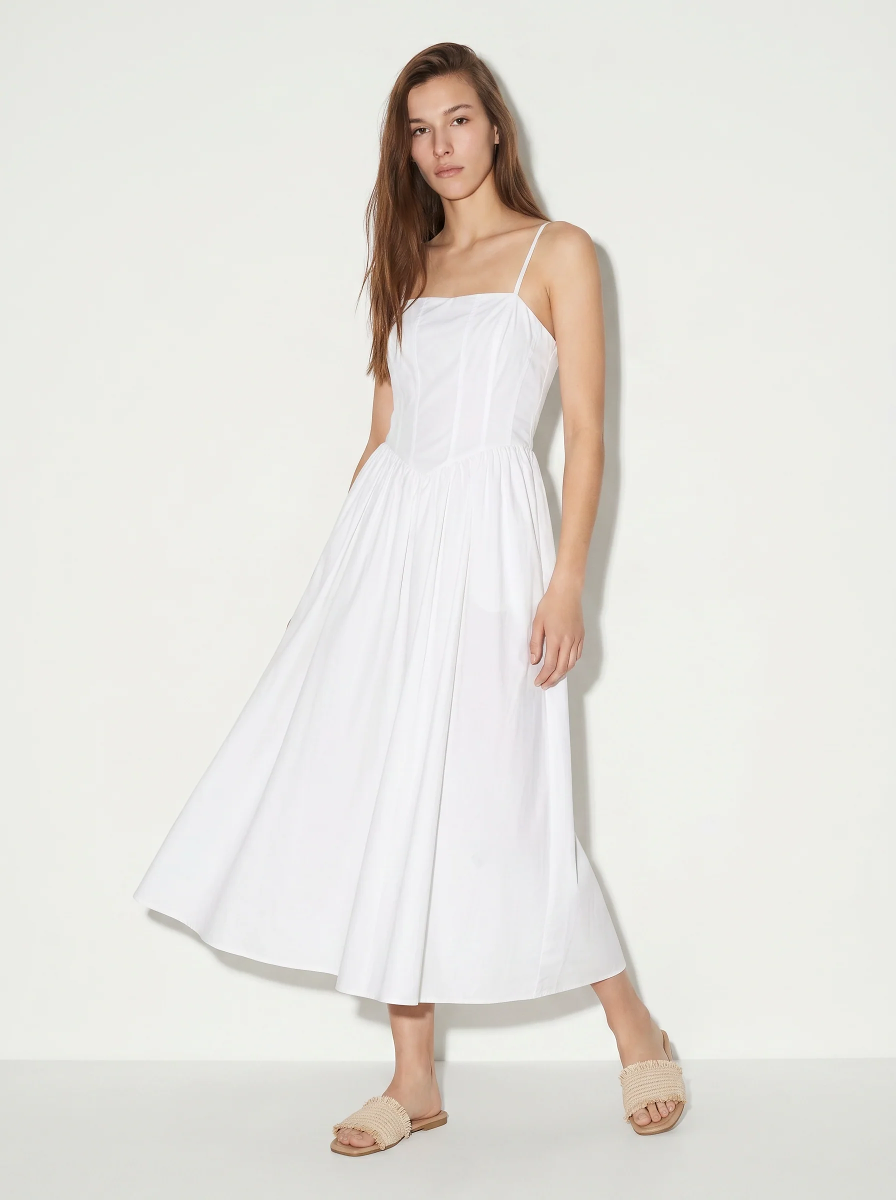 Vestito lungo in cotone con bretelle - Bianco - Image 3