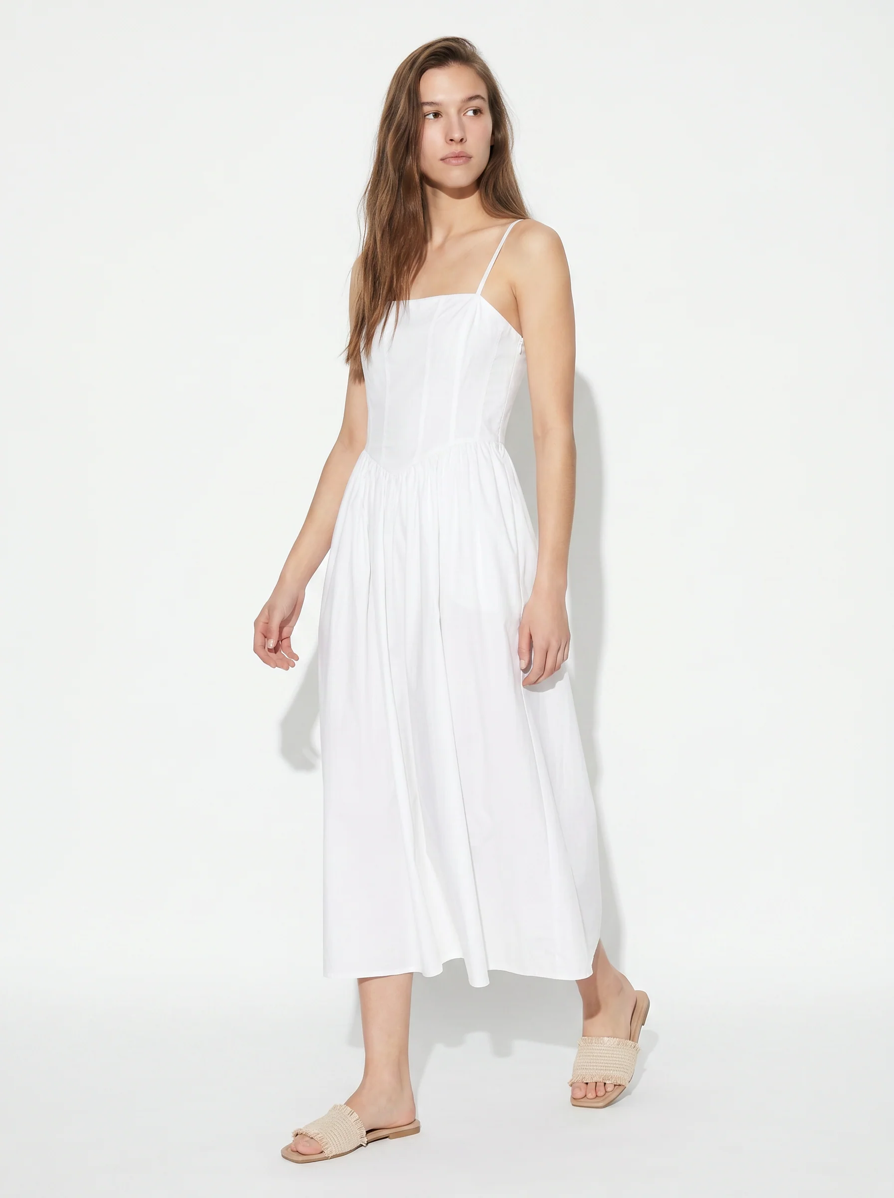 Vestito lungo in cotone con bretelle - Bianco - Image 4