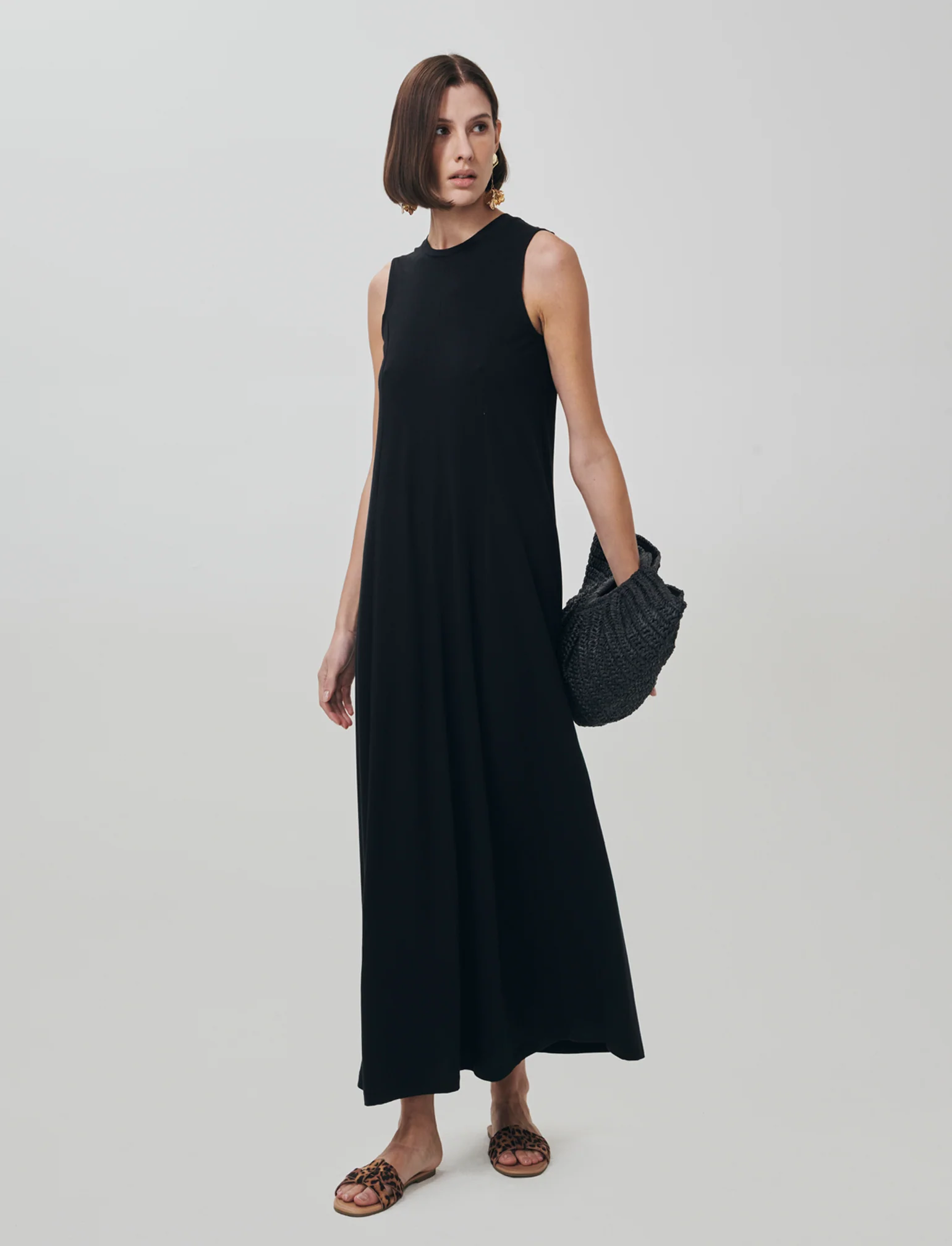 Vestito lungo in cotone svasato senza maniche - Nero - Image 3