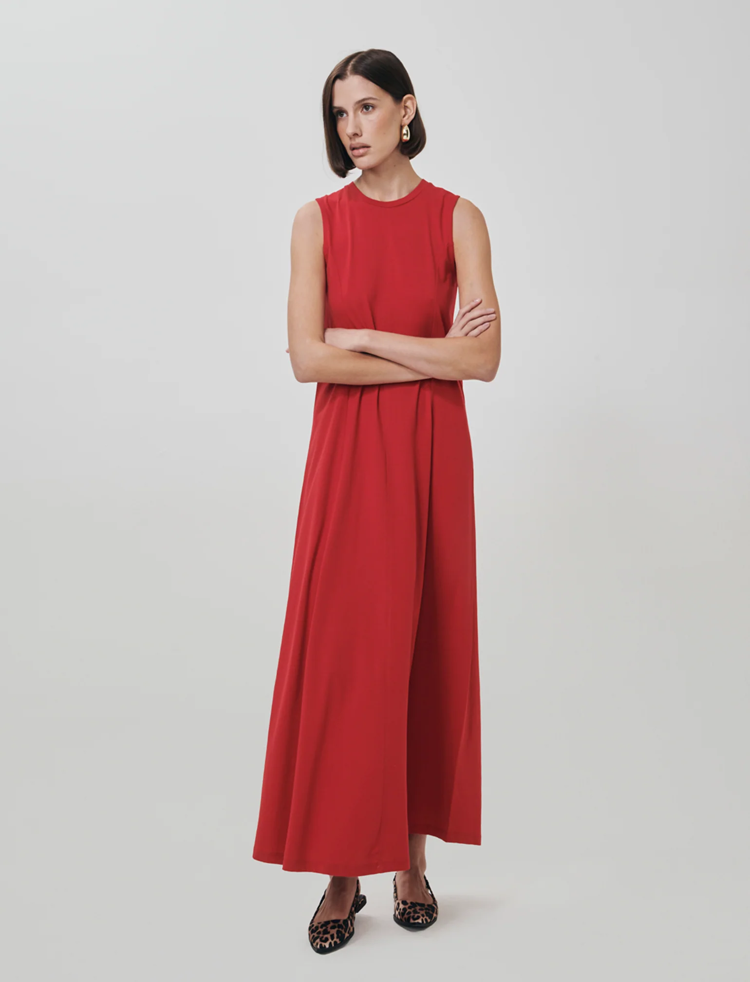 Vestito lungo in cotone svasato senza maniche - Rosso - Image 3
