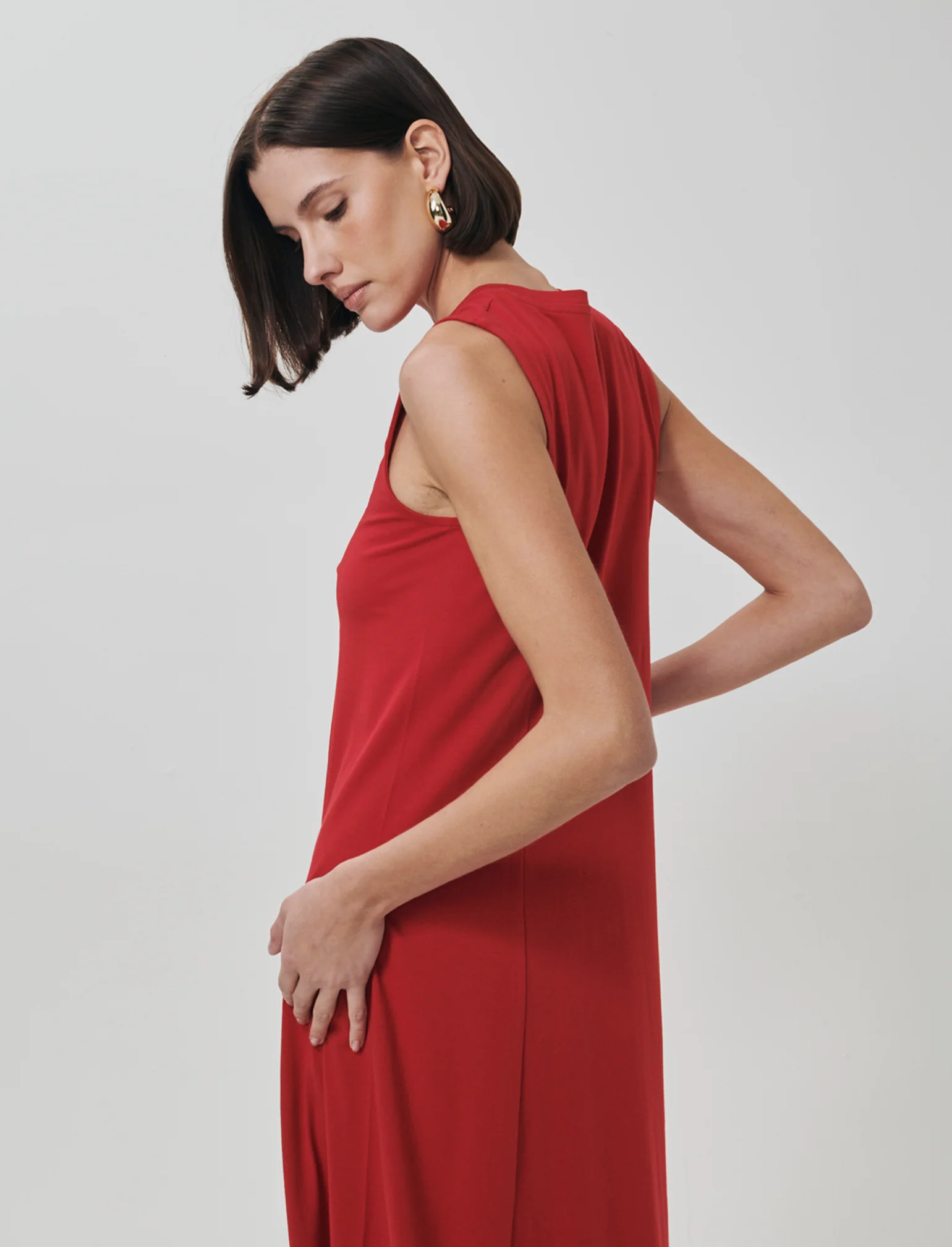 Vestito lungo in cotone svasato senza maniche - Rosso - Image 4