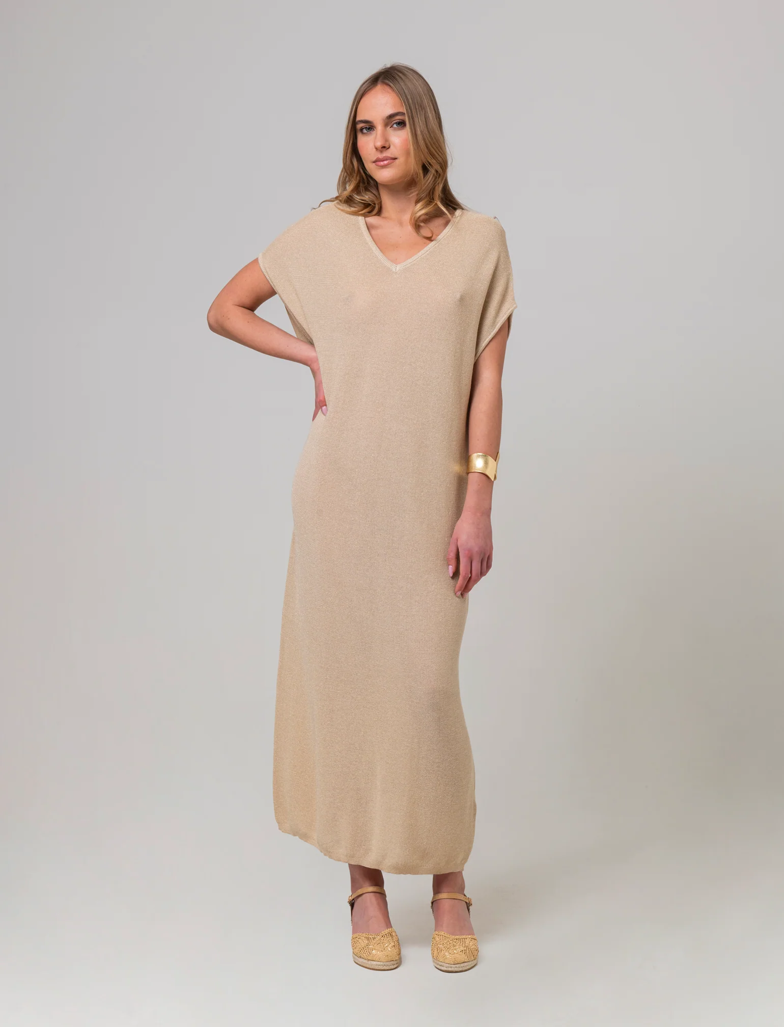 Vestito lungo in maglia da donna - Beige - Image 3