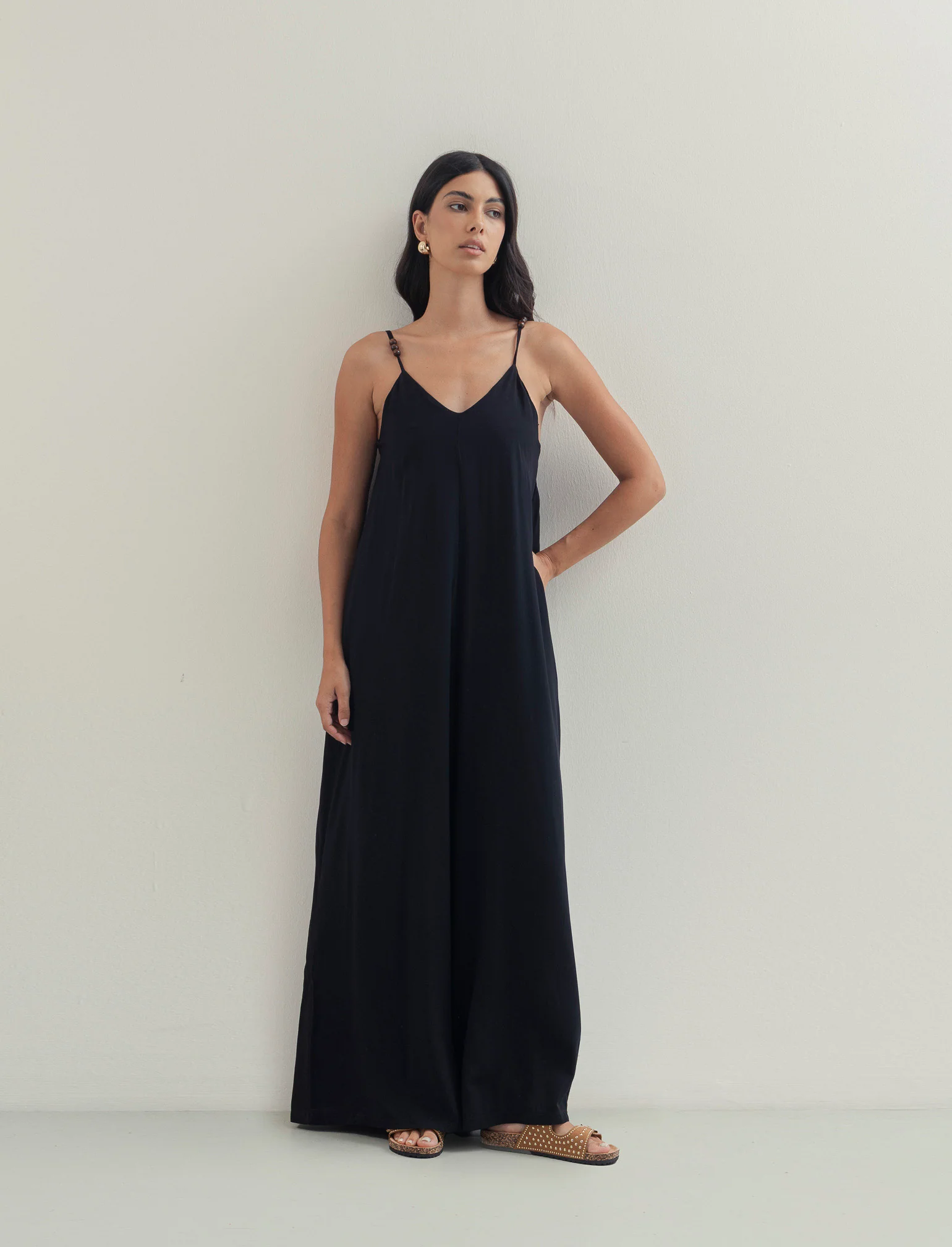 Vestito lungo in viscosa con bretelle - Nero