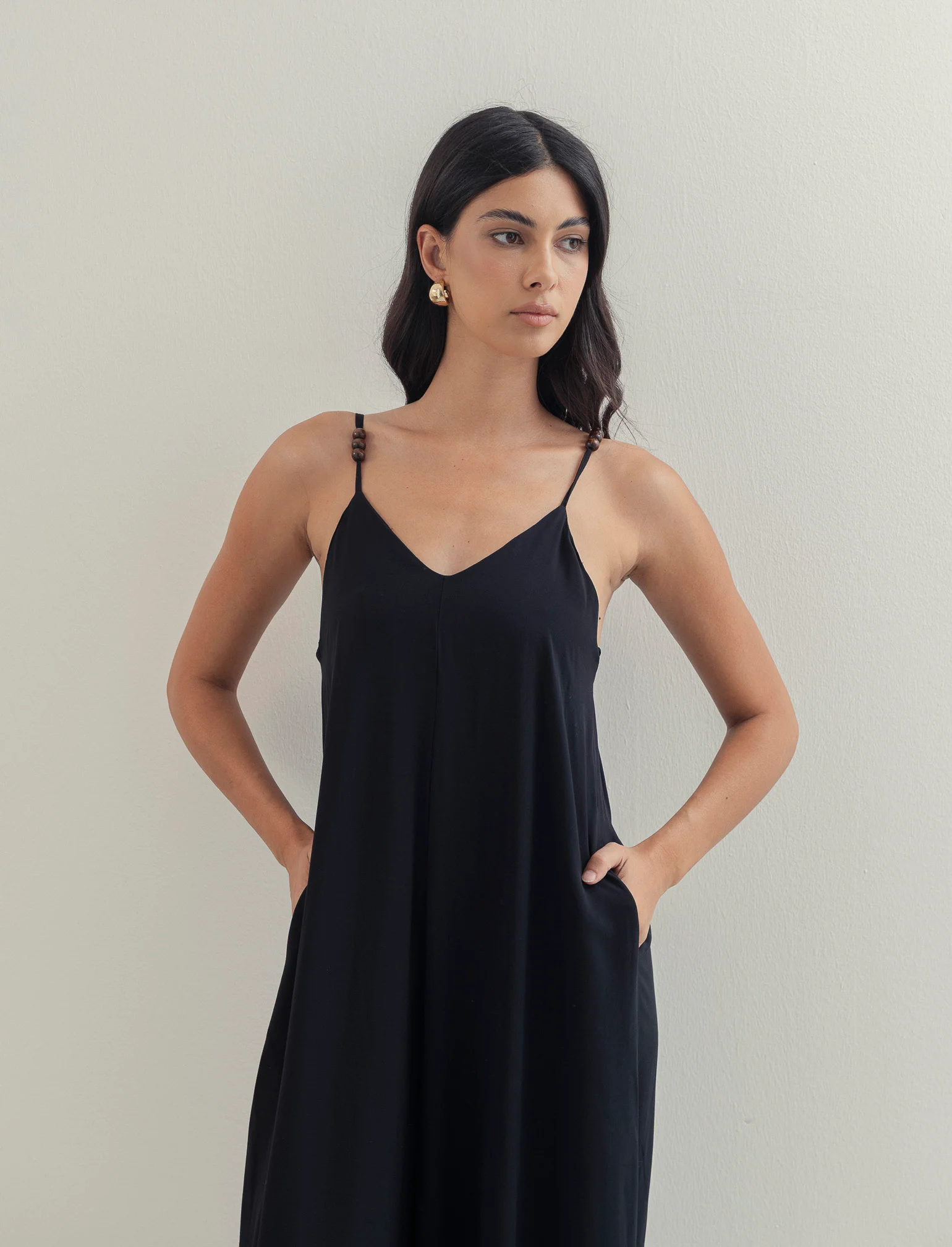Vestito lungo in viscosa con bretelle - Nero - Image 2